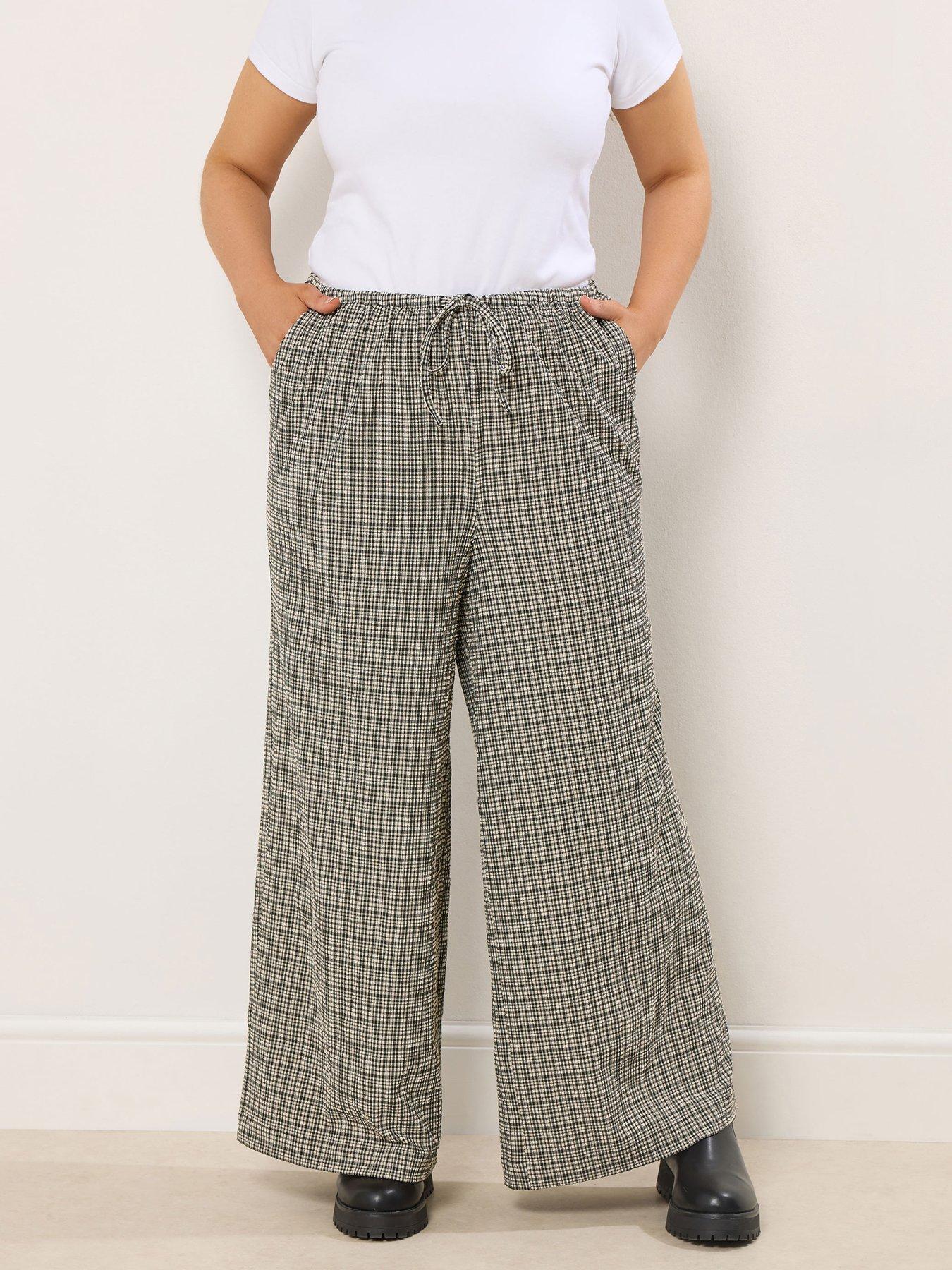 Image 1 of 4 of Yours Curve Check Pull On Wide Leg Trouser - Natural