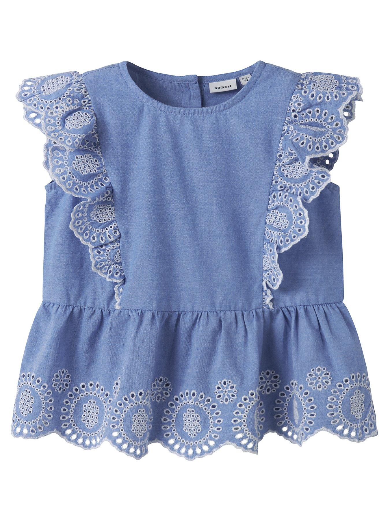 Image 1 of 3 of Name It Mini Girls Chambray Embroidered Co-ord Blouse - Blue