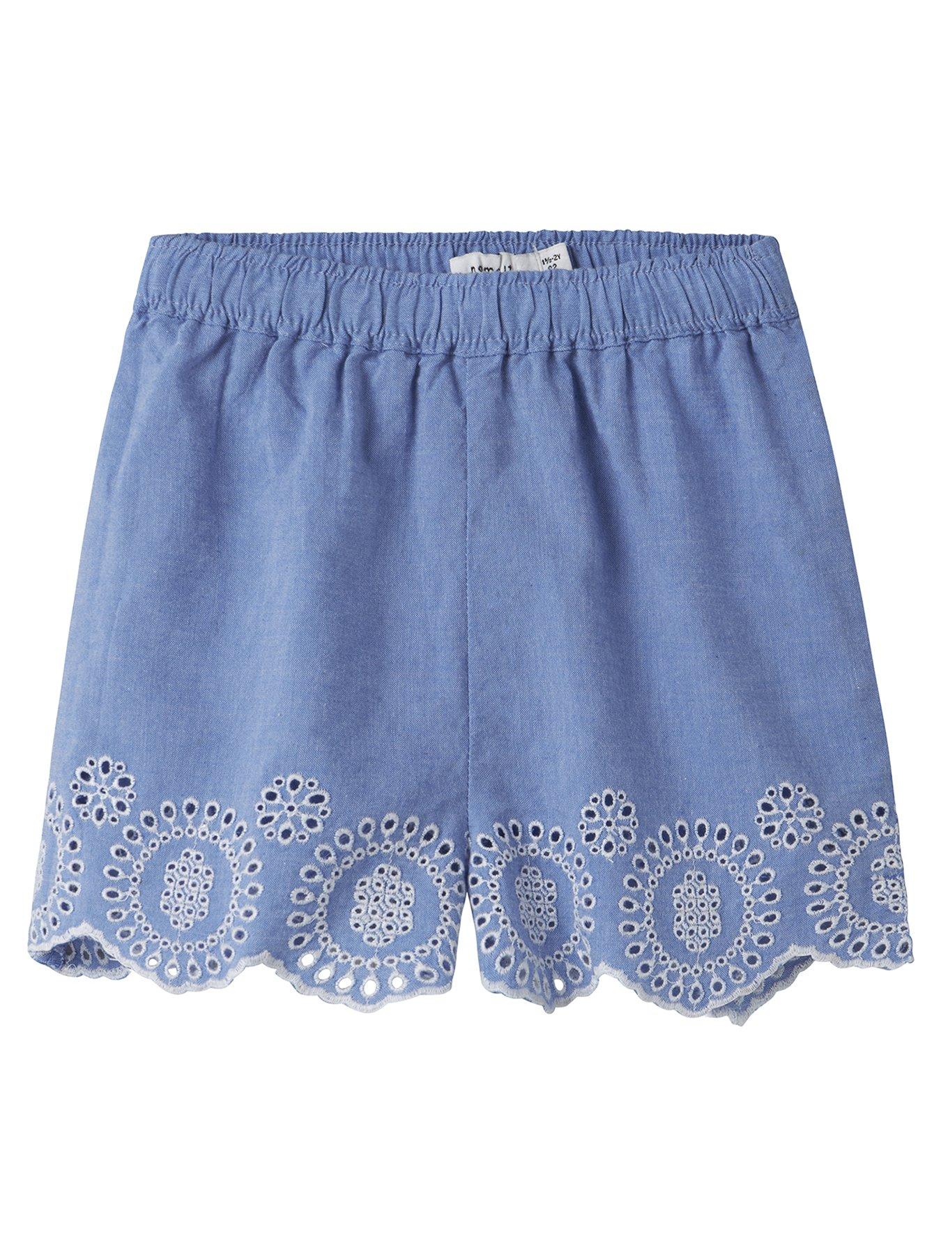 Image 1 of 3 of Name It Mini Girls Chambray Embroidered Co-ord Shorts - Blue