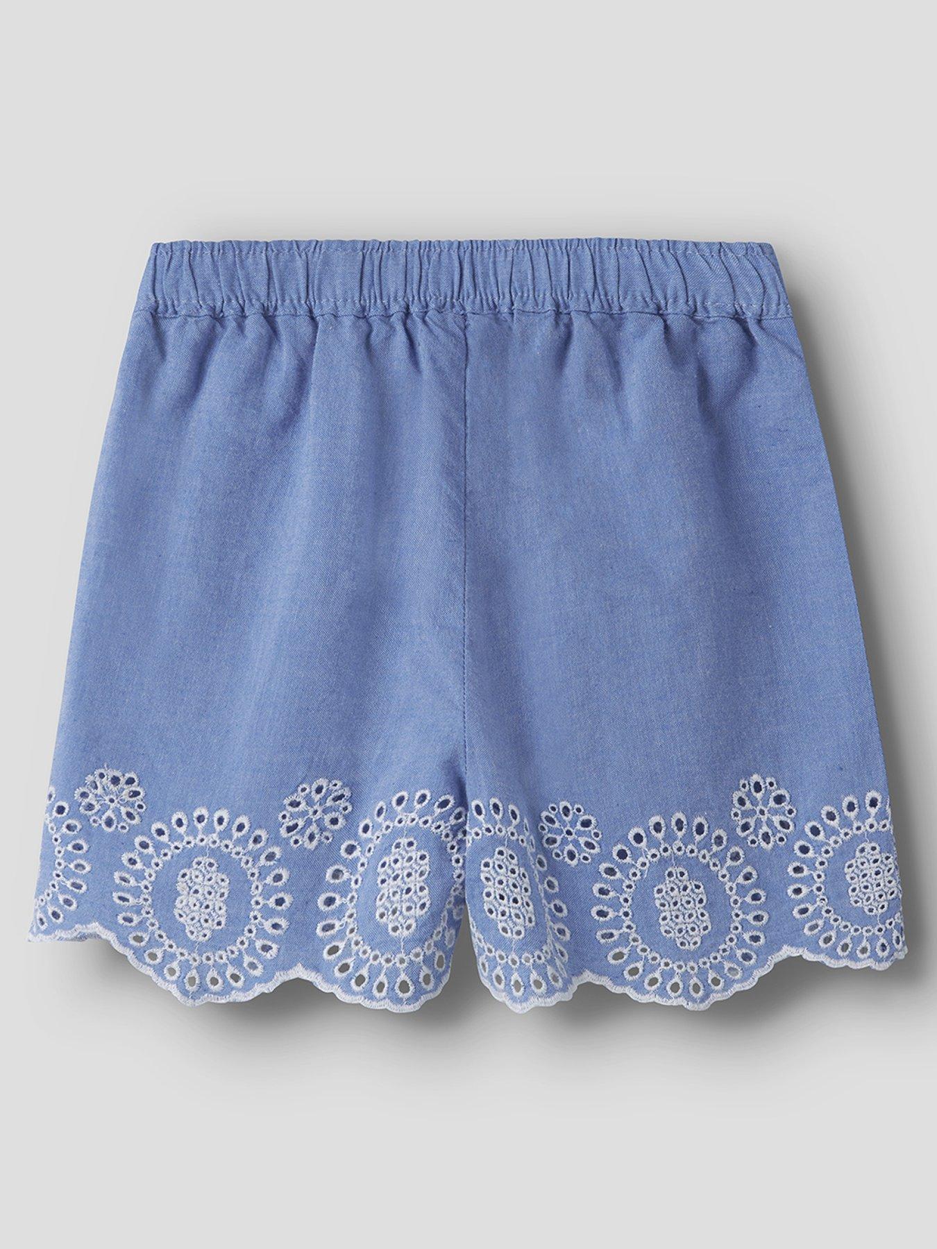 Image 2 of 3 of Name It Mini Girls Chambray Embroidered Co-ord Shorts - Blue