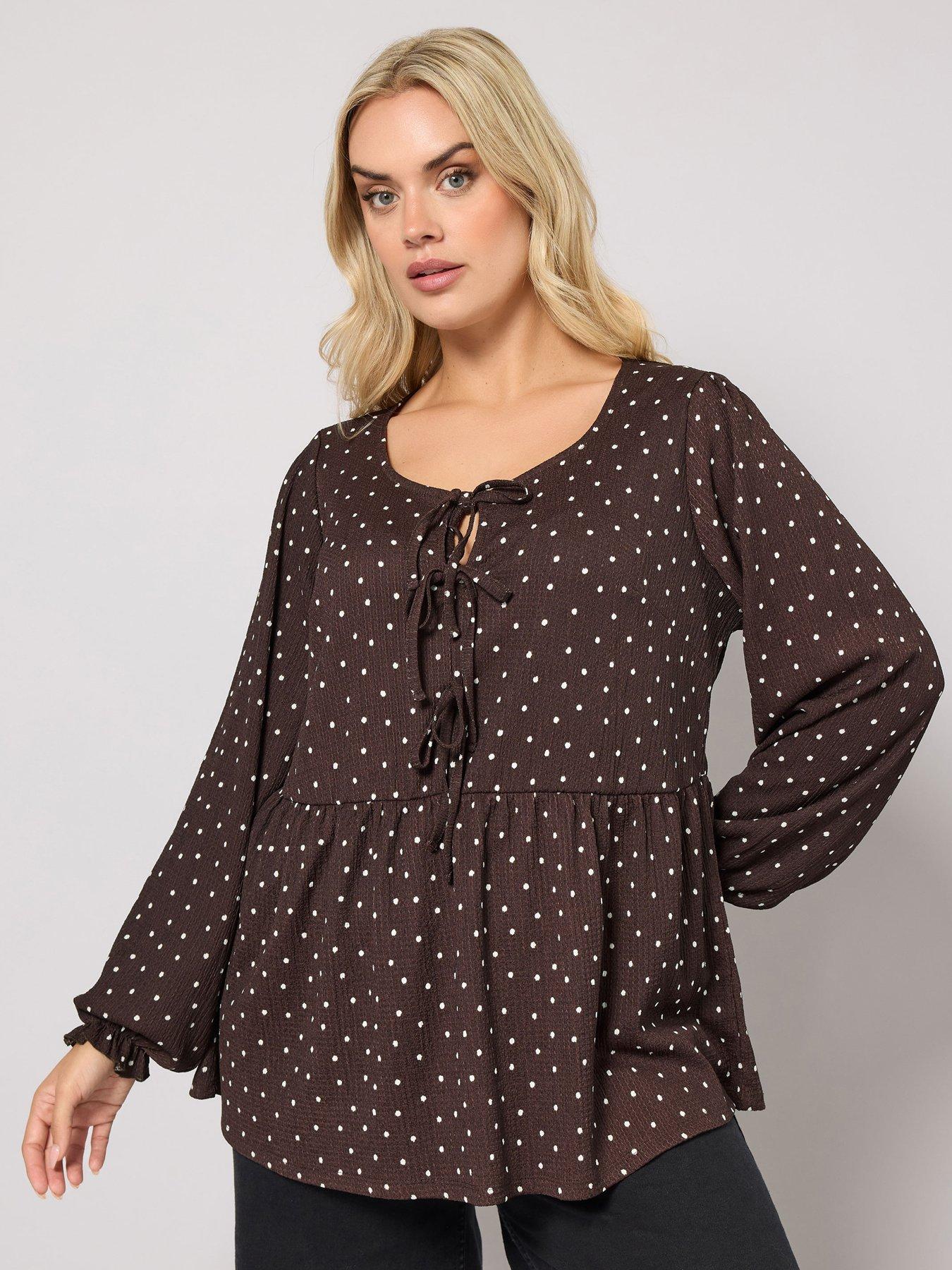 Yours Curve Bow Texture Peplum Top - Brown