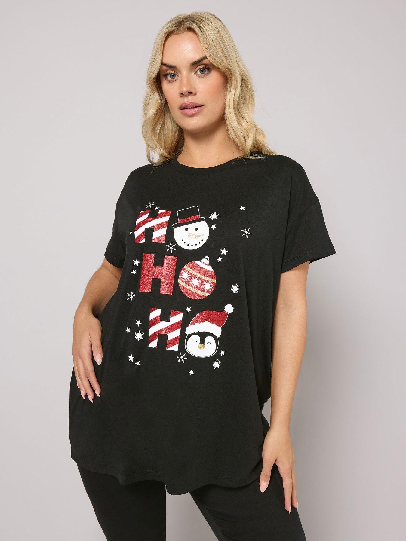 Image 1 of 4 of Yours Curve Novelty Ho Ho Ho T-Shirt - Black