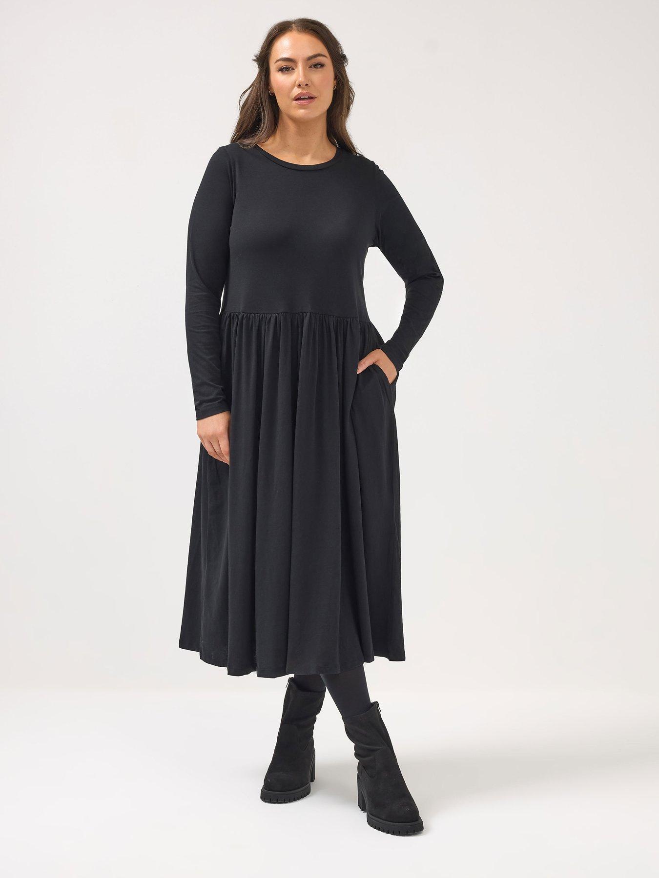  image of yours-curve-long-sleeve-peplum-midi-dress-black
