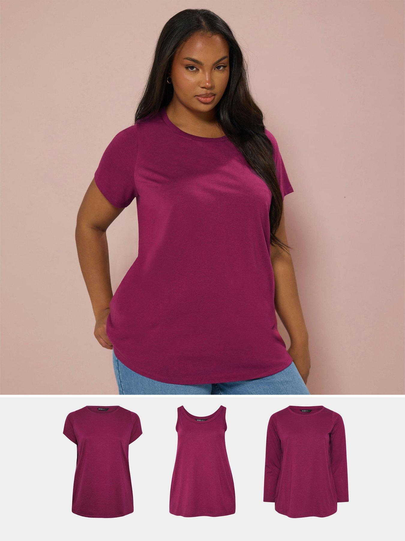 front image of yours-curve-3-pack-core-combo-long-sleeve-short-sleeve-amp-vest-top-pink