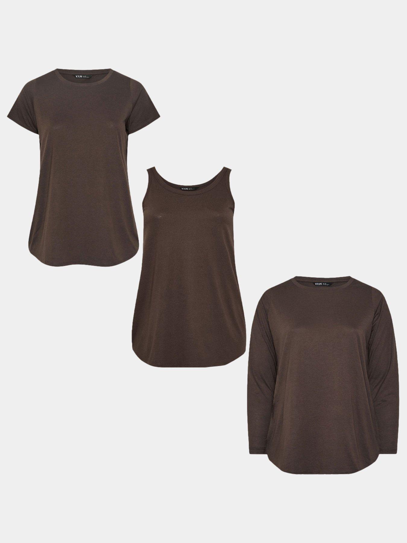 Yours Curve 3 Pack Core Combo Long Sleeve Short Sleeve  &  Vest Top - Brown