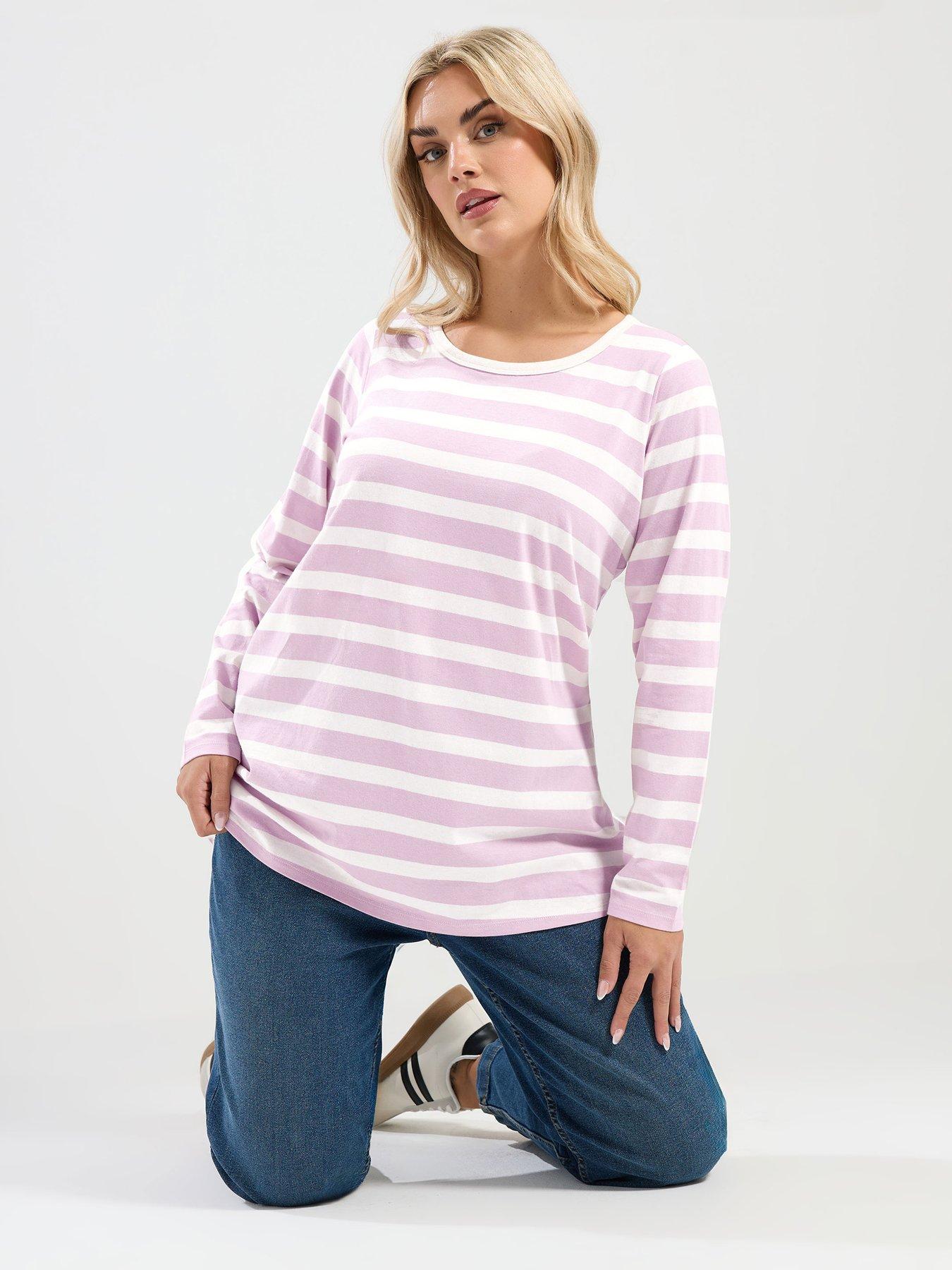 Yours Curve Long Sleeve Stripe T-Shirt - Pink