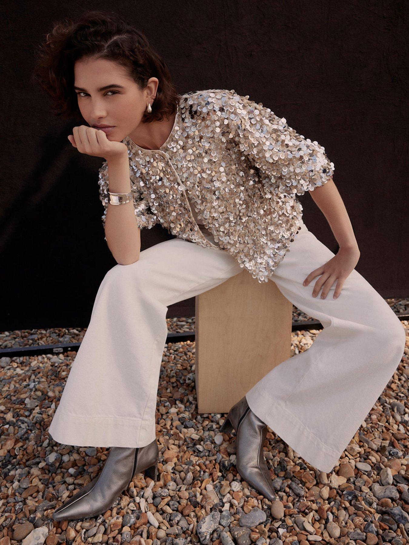 Mint Velvet Sequin Puff Sleeve Top - Silver