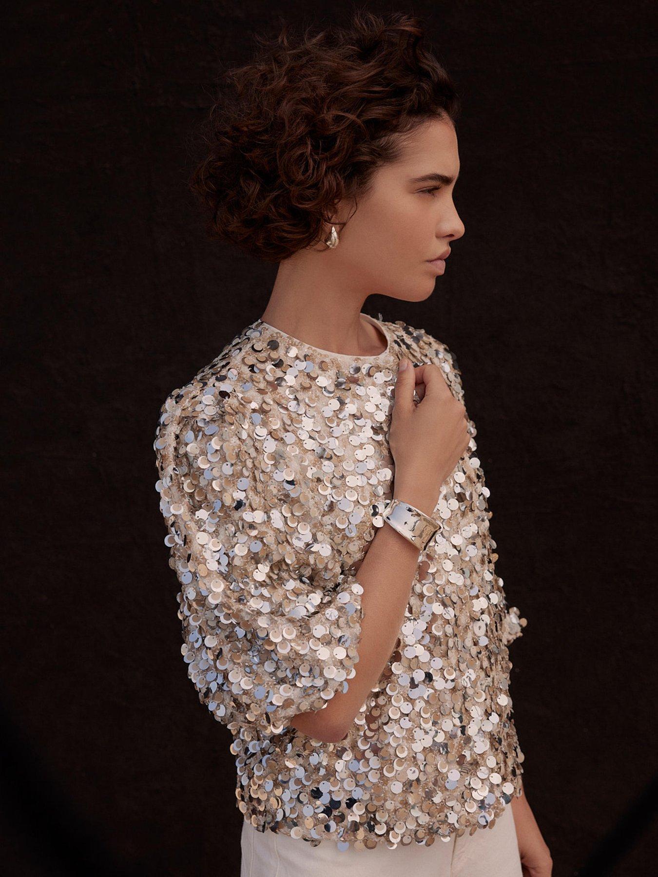 stillFront image of mint-velvet-sequin-puff-sleeve-top-silver