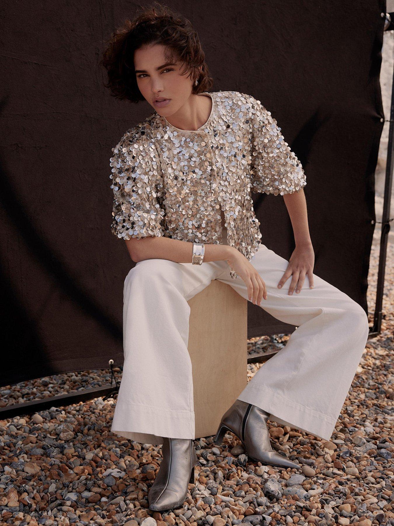  image of mint-velvet-sequin-puff-sleeve-top-silver