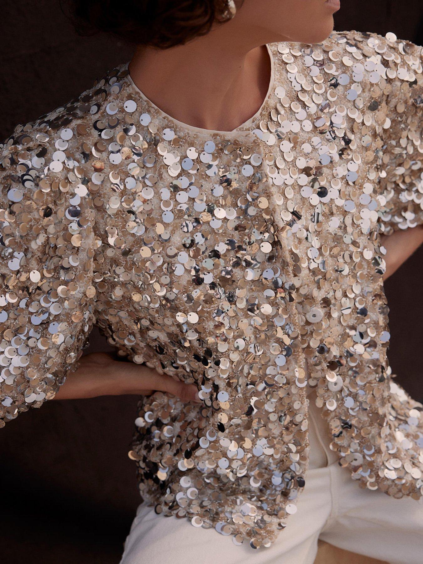  image of mint-velvet-sequin-puff-sleeve-top-silver