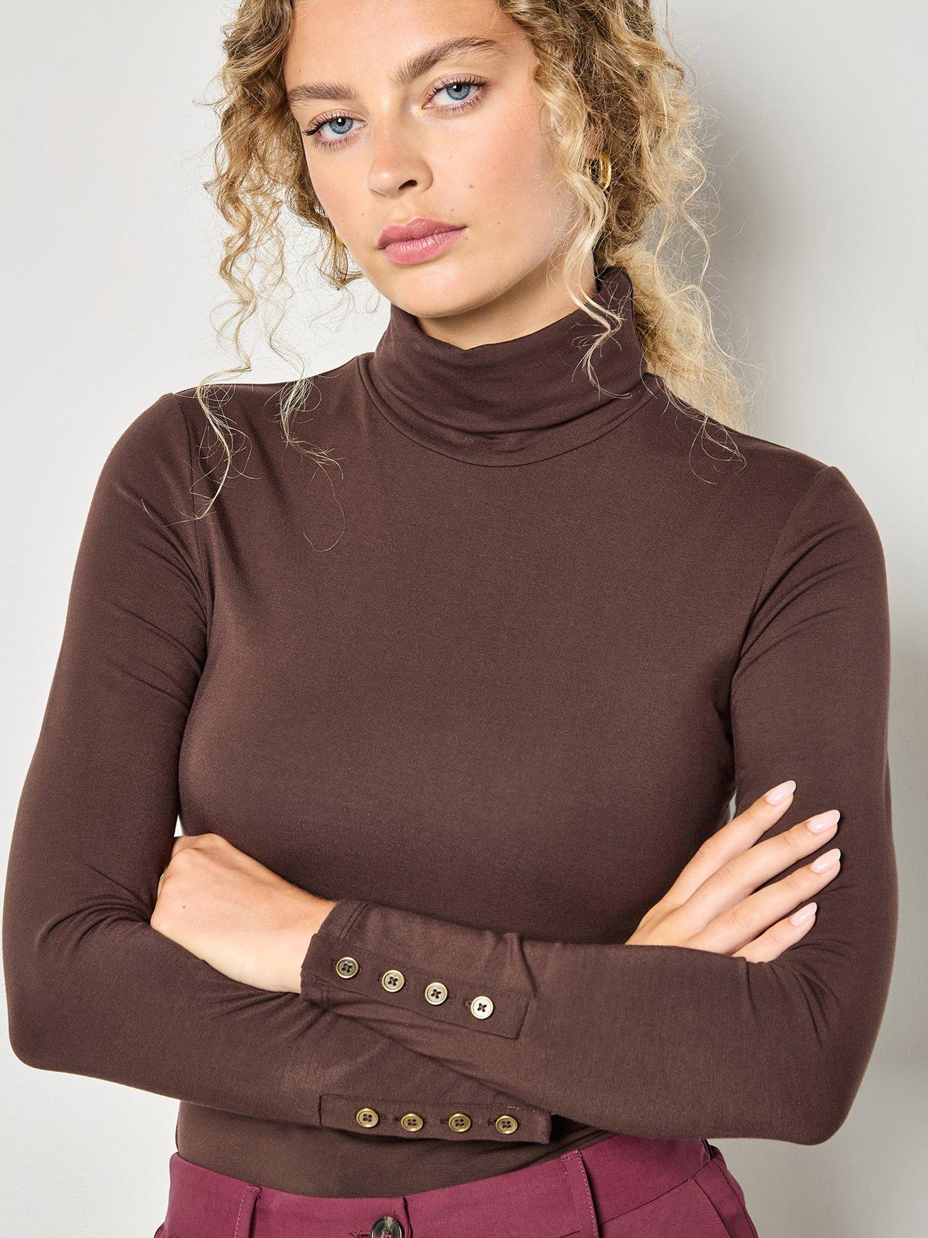 apricot-turtle-neck-button-cuff-top
