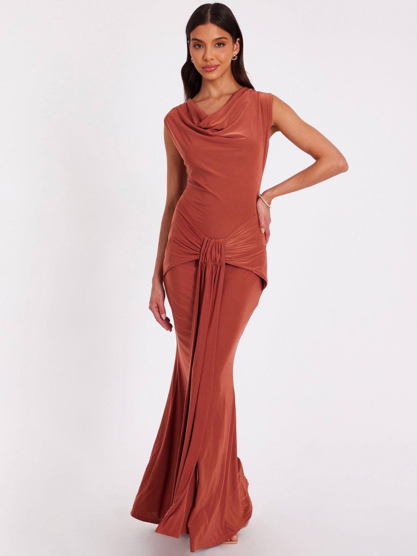 Image 1 of 6 of Quiz Rust Drape Front Maxi Dress