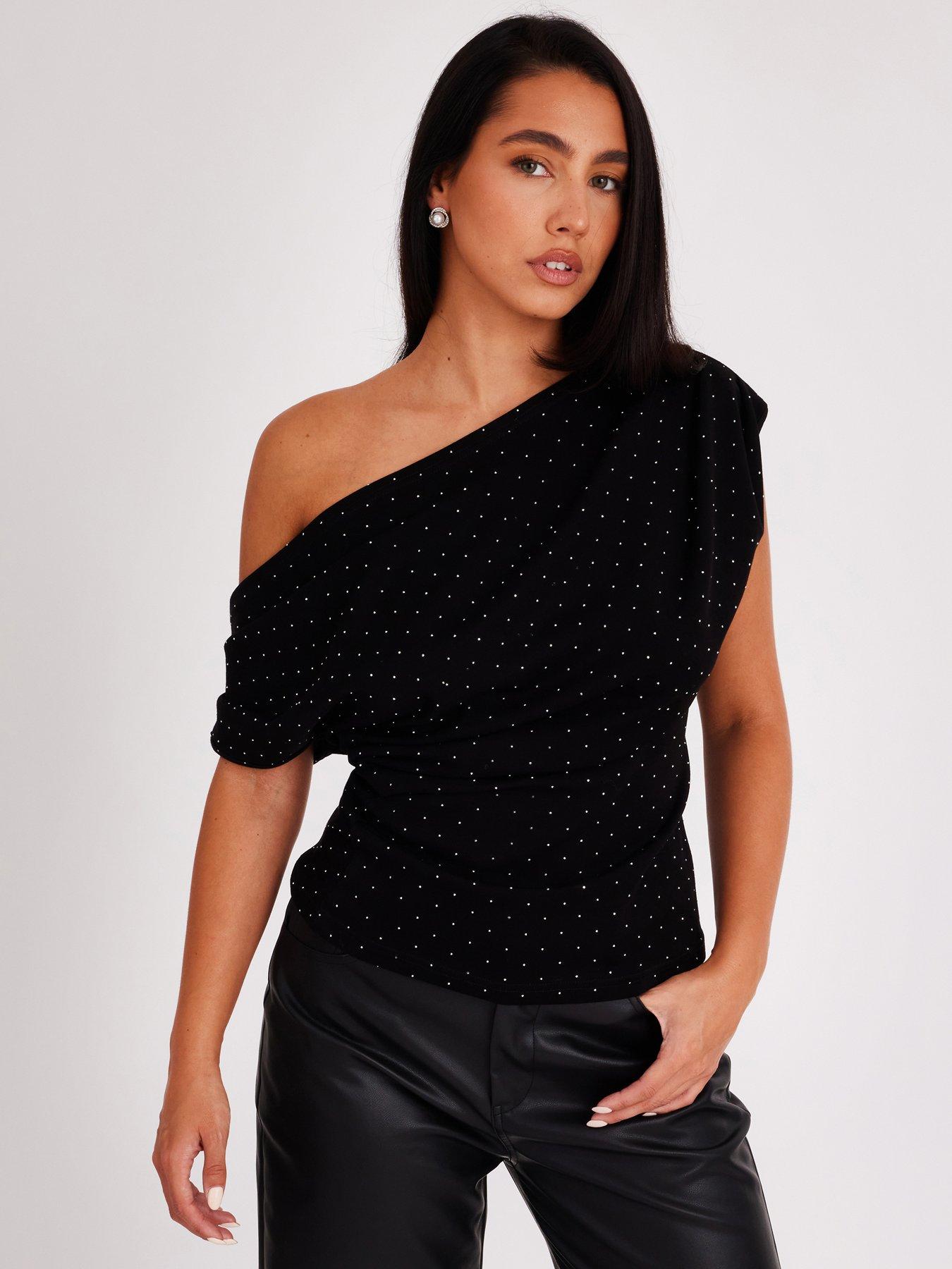  image of quiz-black-diamante-drape-neck-top