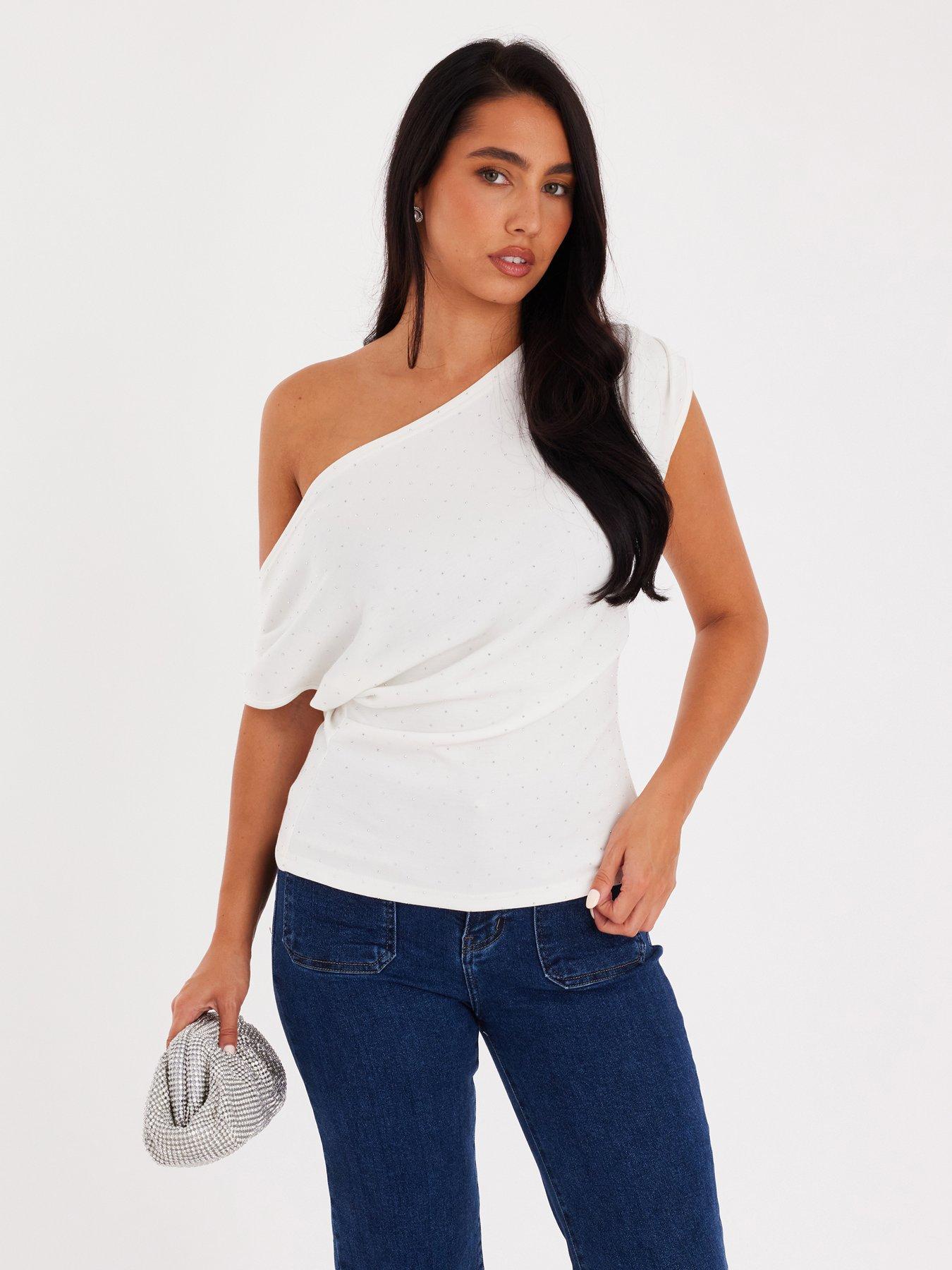 Quiz White Diamante Drape Neck Top