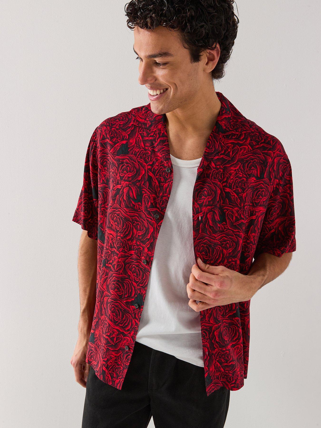 HUGO HUGO Espino Oversize Fit Rose Print Short Sleeve Shirt - Black