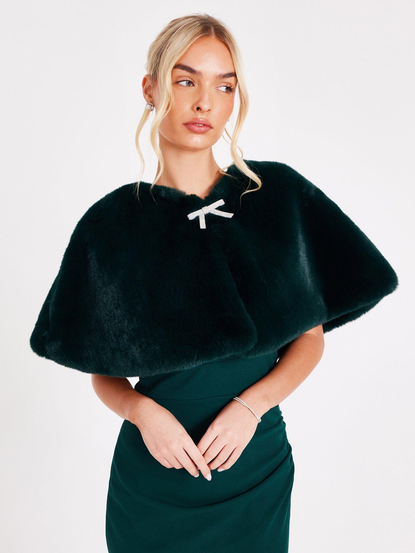  image of quiz-green-bow-detail-faux-fur-wrap