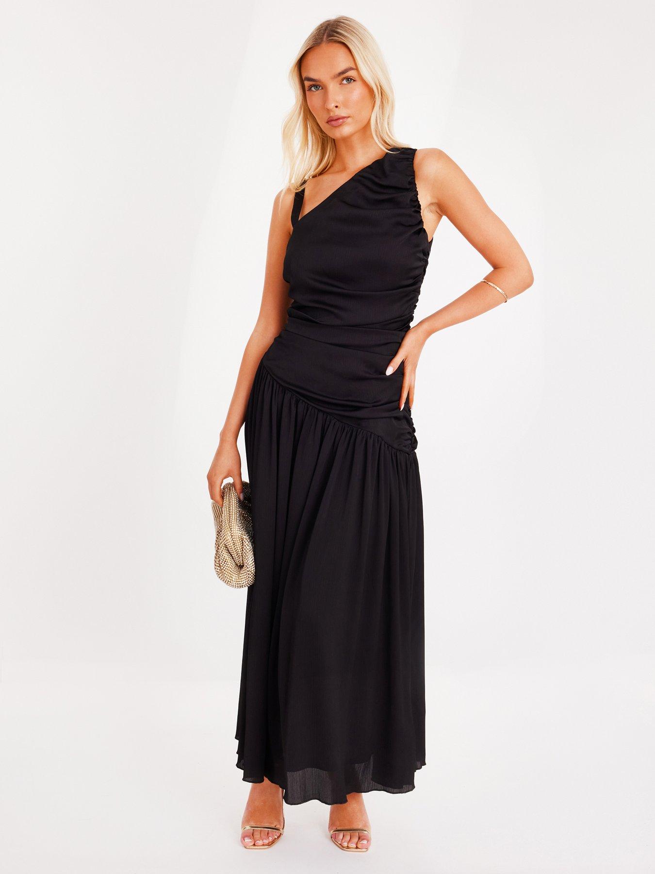 Quiz Black Asymmetric Drop Waist Midaxi Dress