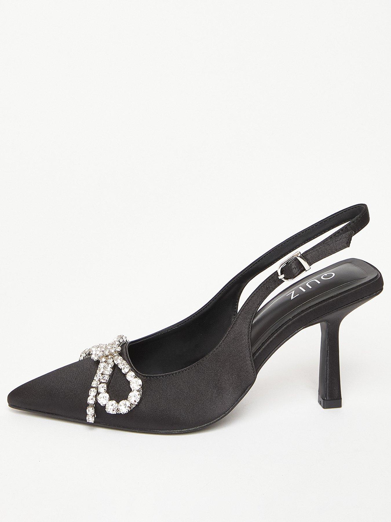 Quiz Black Satin Diamante Bow Court Heels