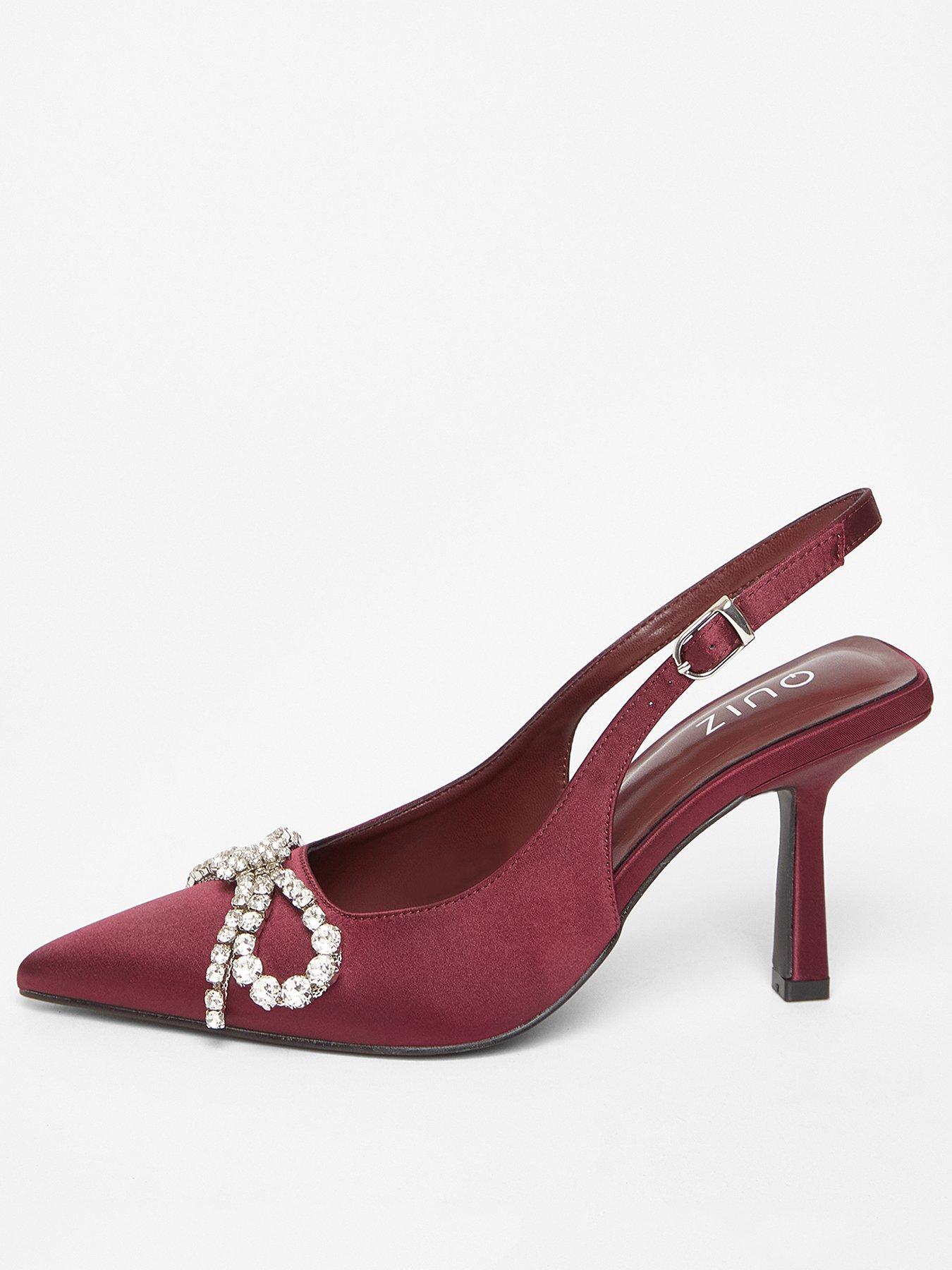  image of quiz-burgundy-satin-diamante-bow-court-heels