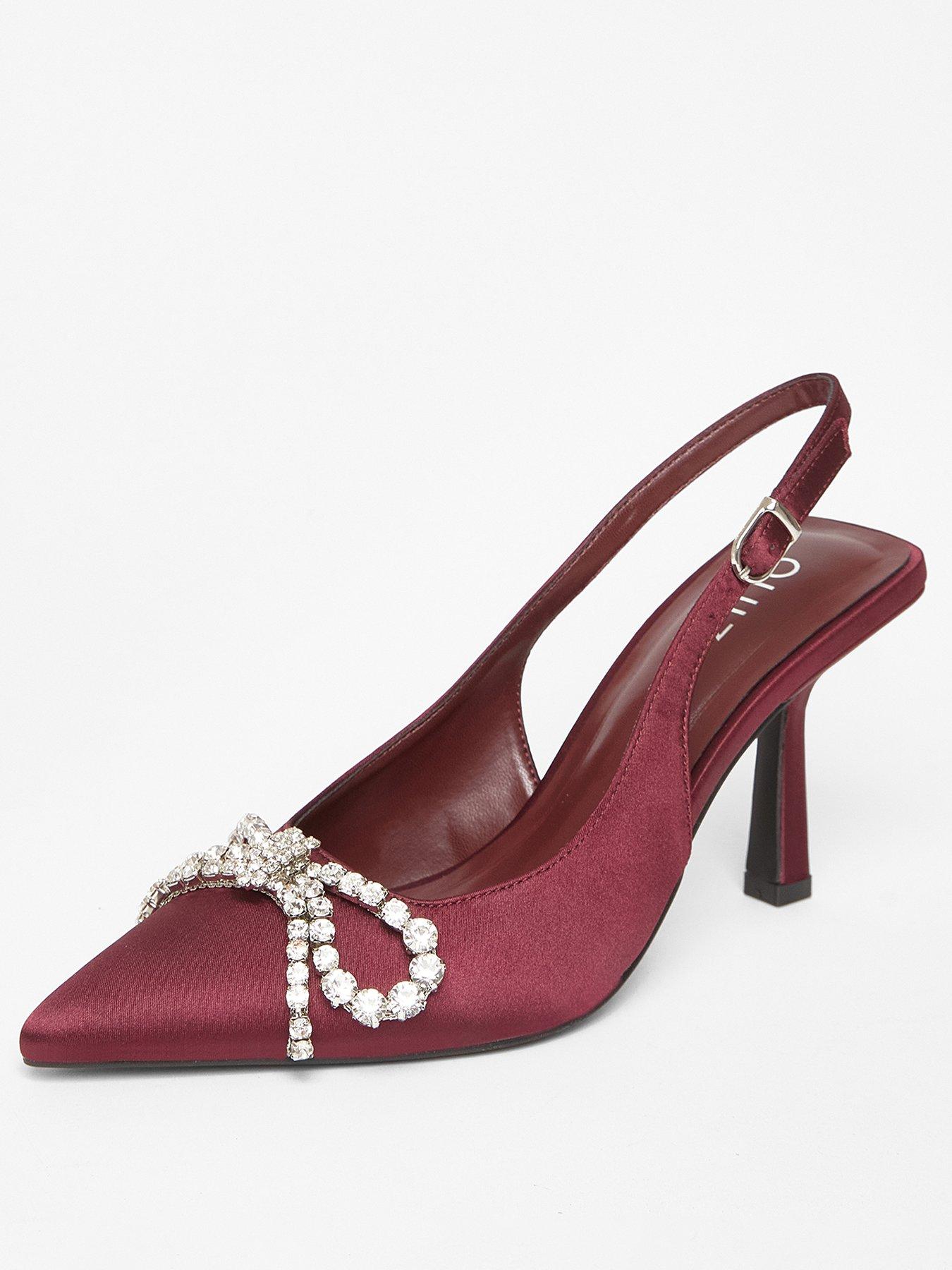  image of quiz-burgundy-satin-diamante-bow-court-heels