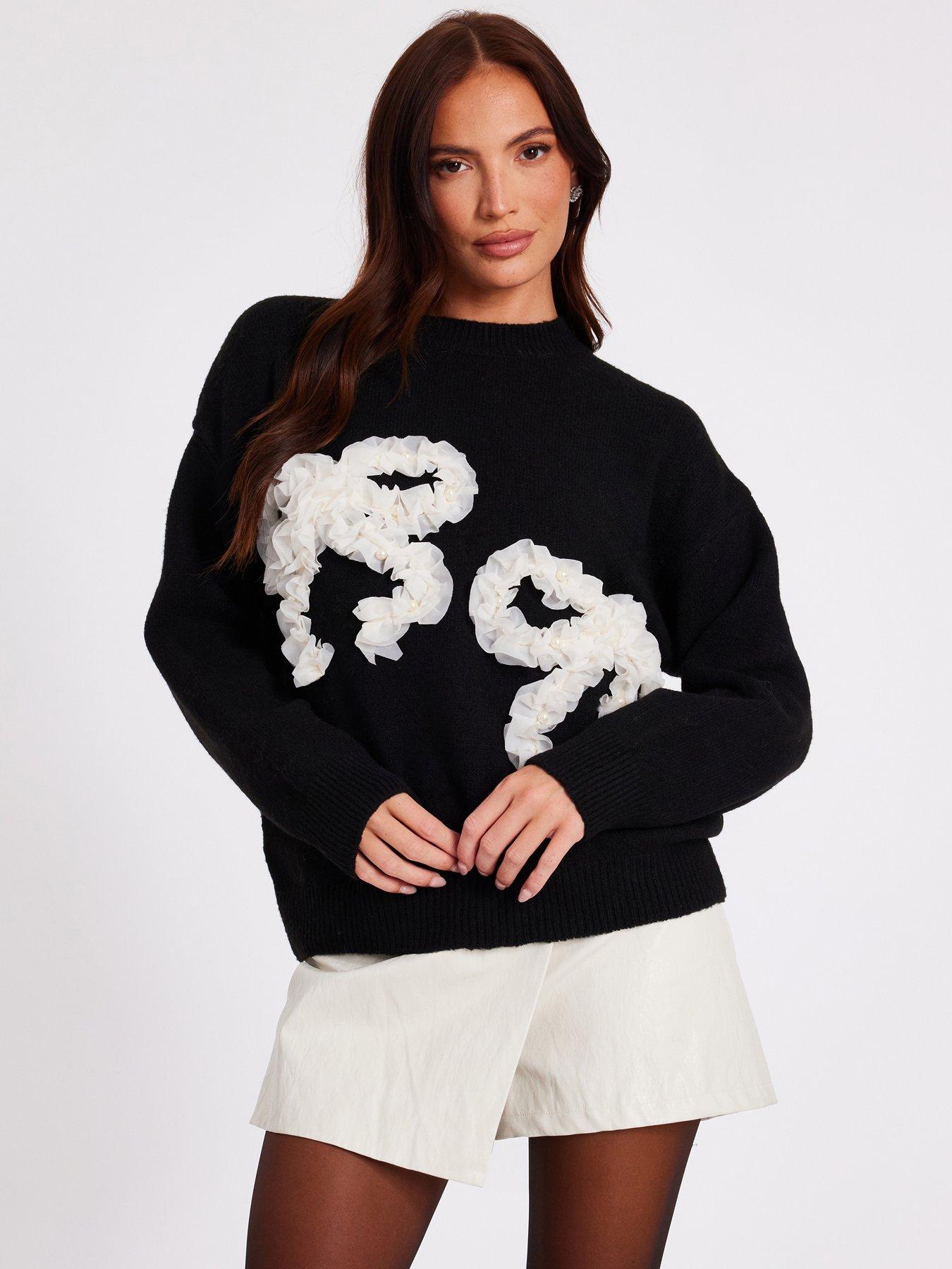 Quiz Black Ruffle Bow Jumper