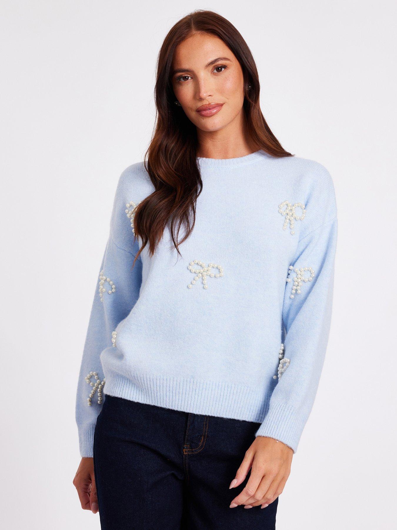  image of quiz-light-blue-pearl-bow-jumper