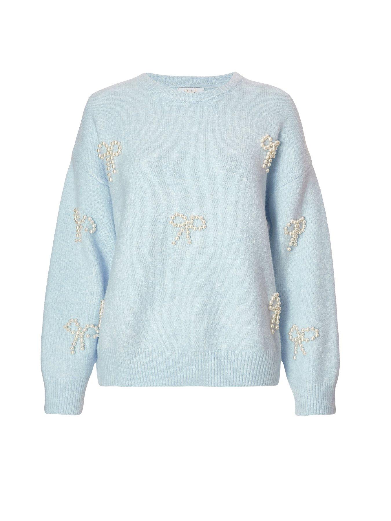  image of quiz-light-blue-pearl-bow-jumper