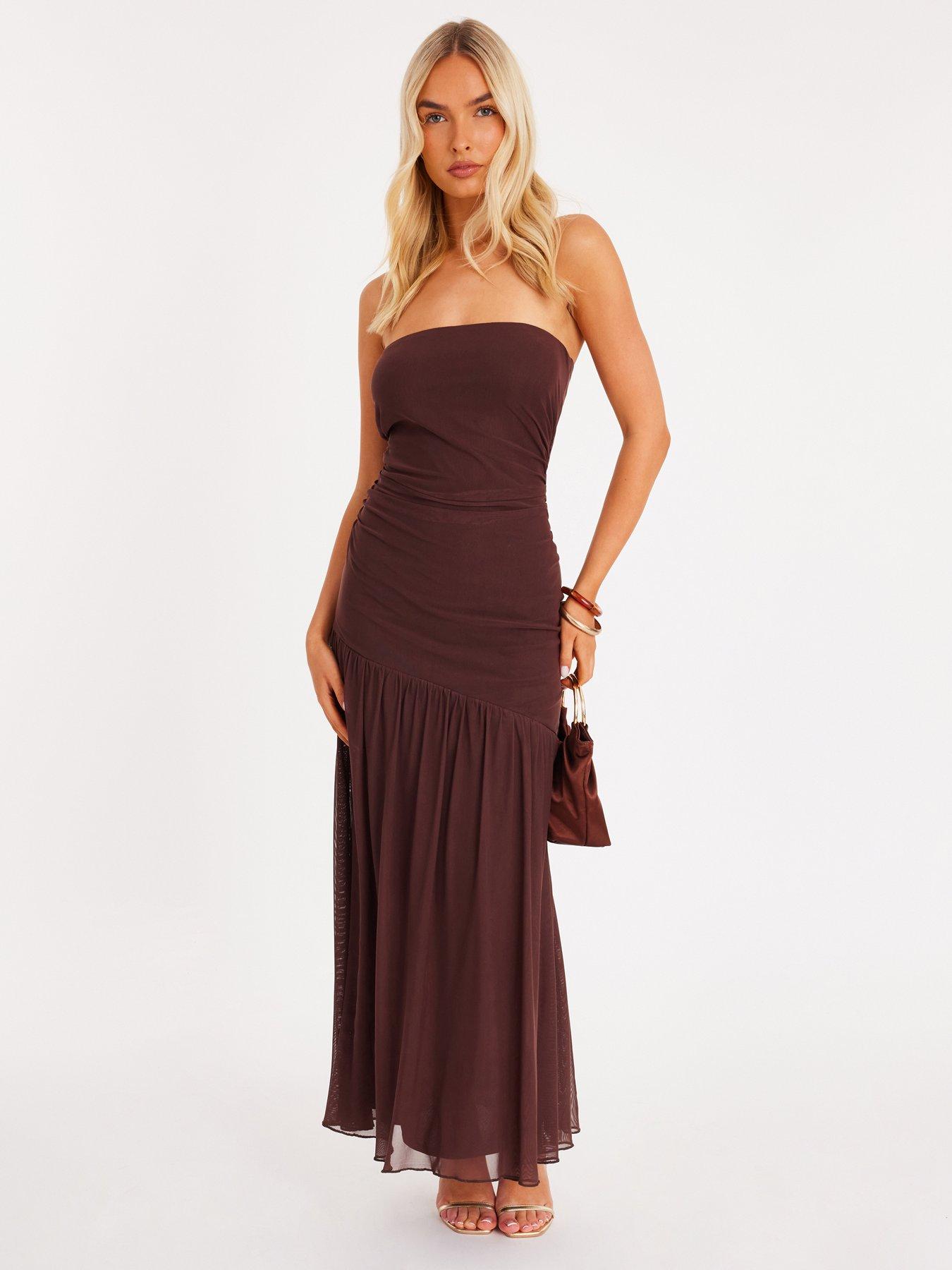 quiz-brown-mesh-bandeau-midaxi-dress