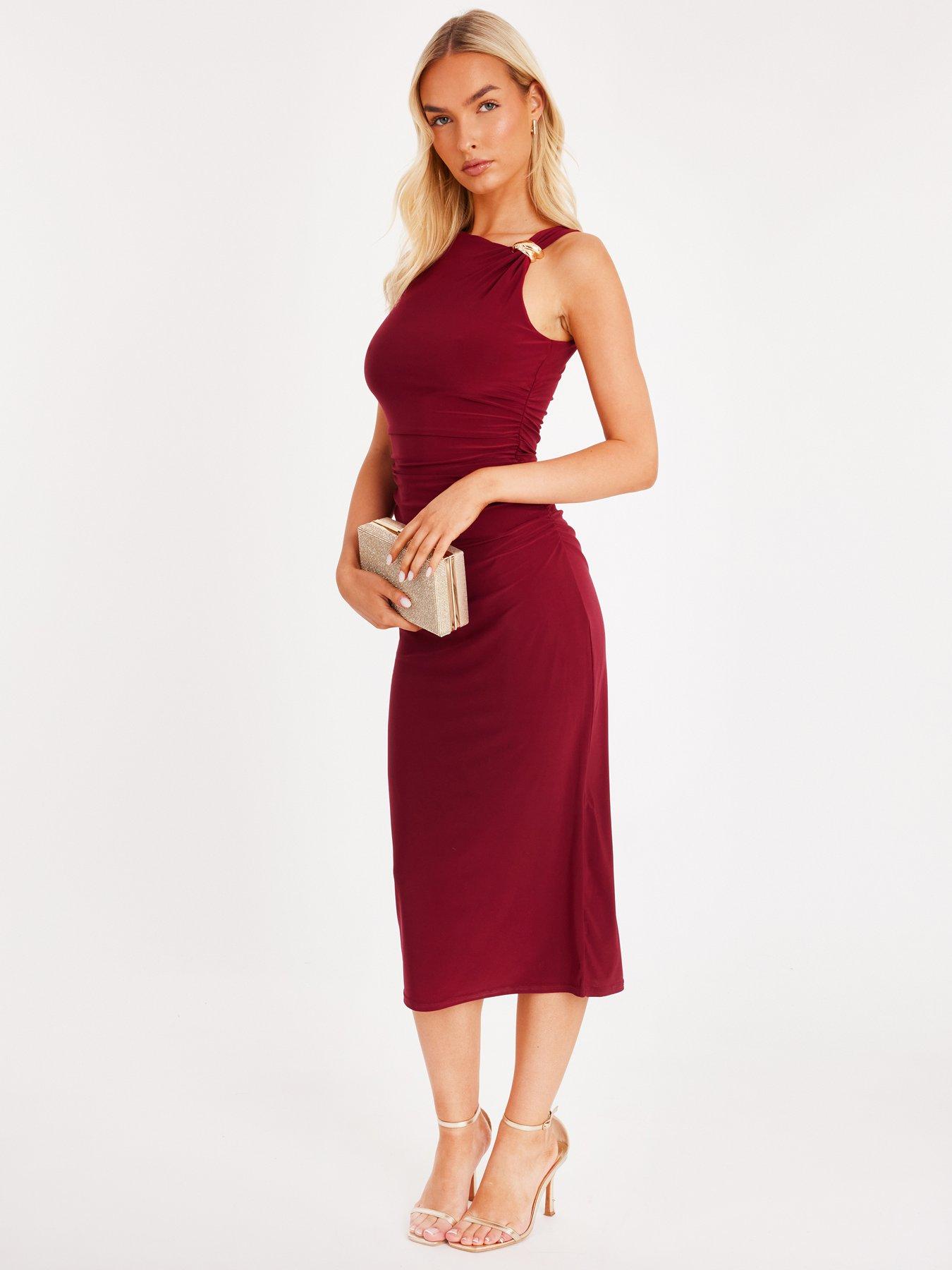  image of quiz-petite-burgundy-gold-buckle-midaxi-dress
