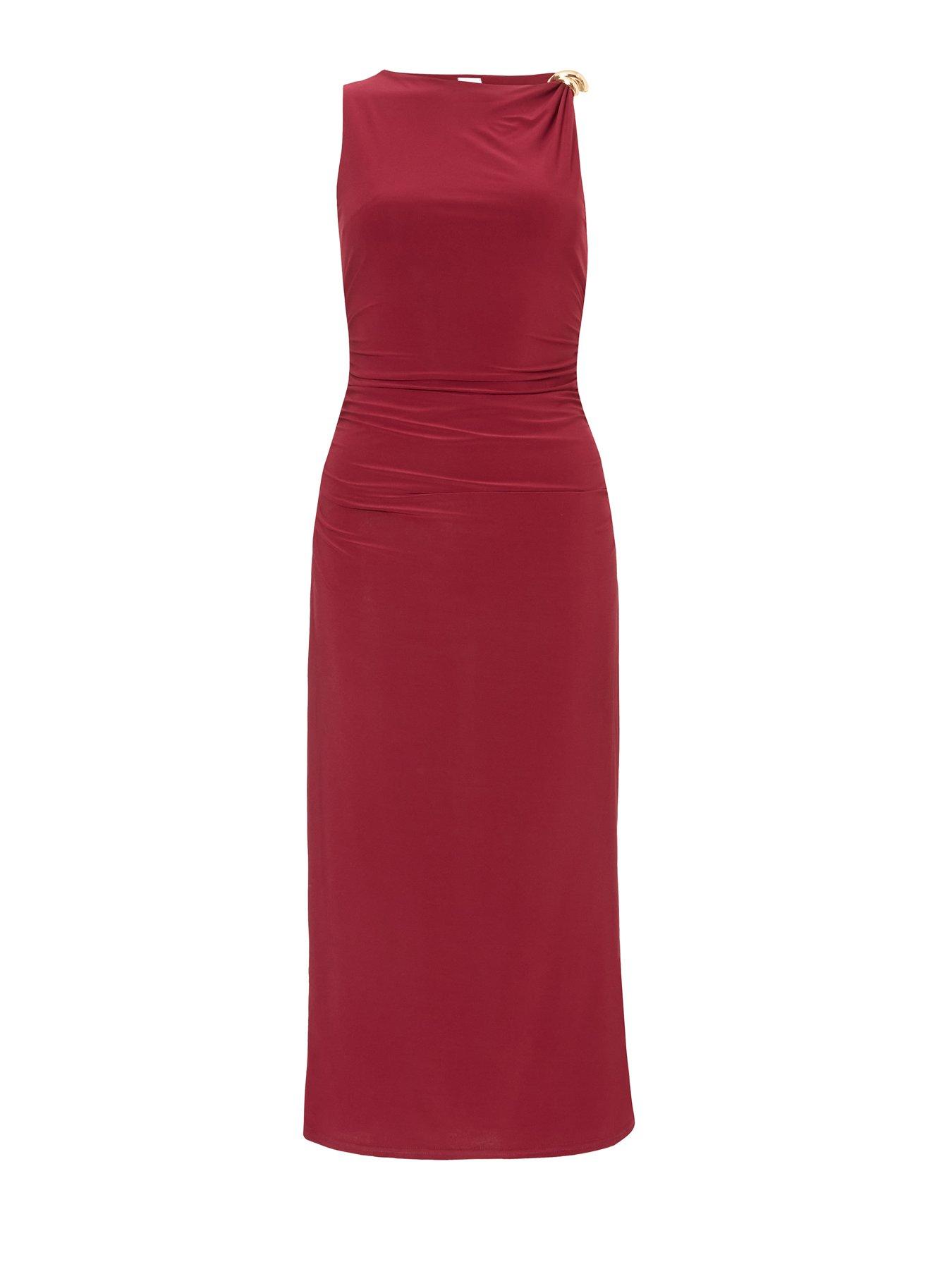  image of quiz-petite-burgundy-gold-buckle-midaxi-dress