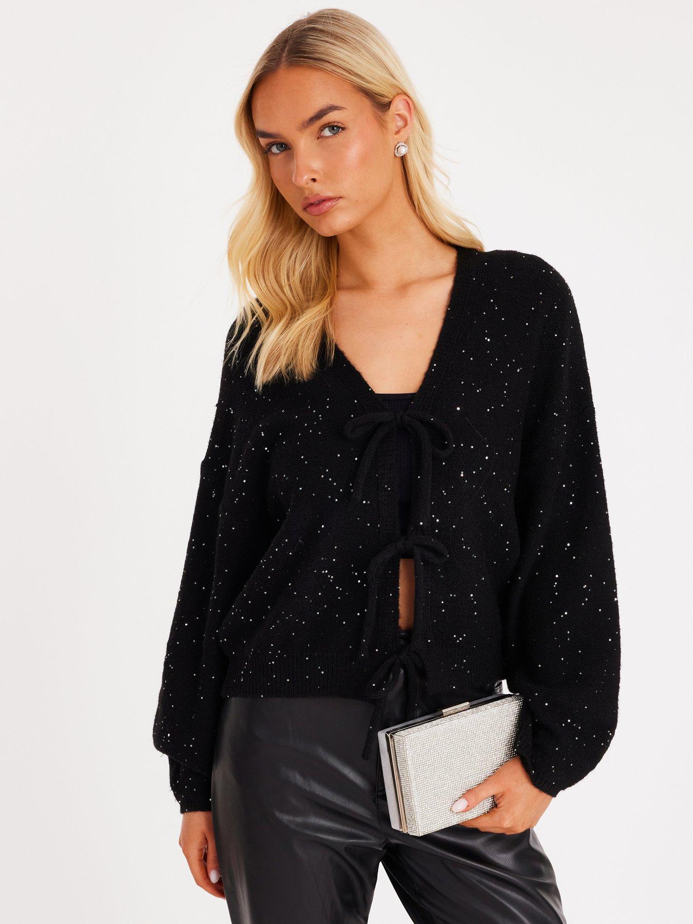 Quiz Black Sequin Tie Front Cardigan