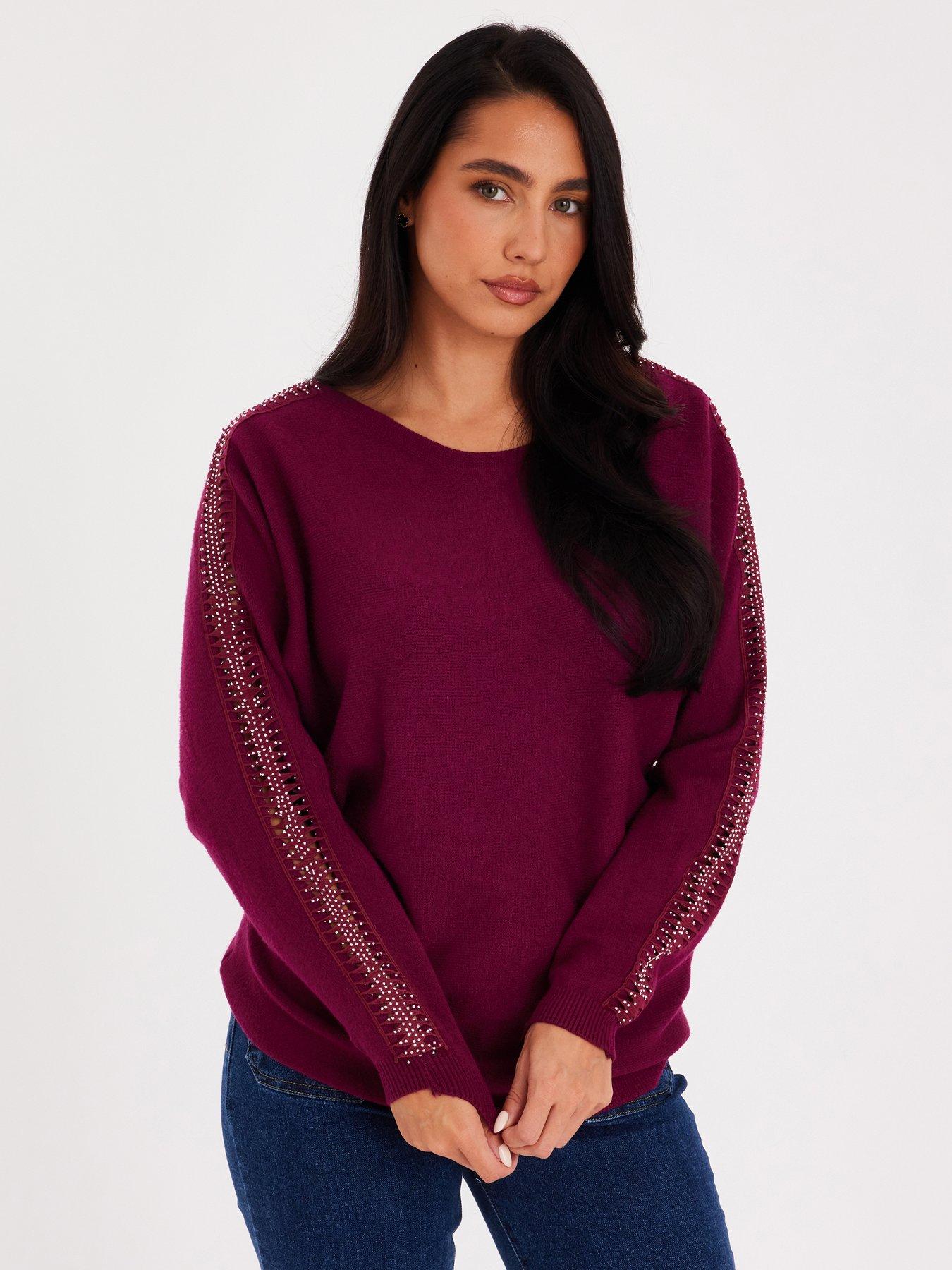 Quiz Burgundy Diamante Sleeve Jumper