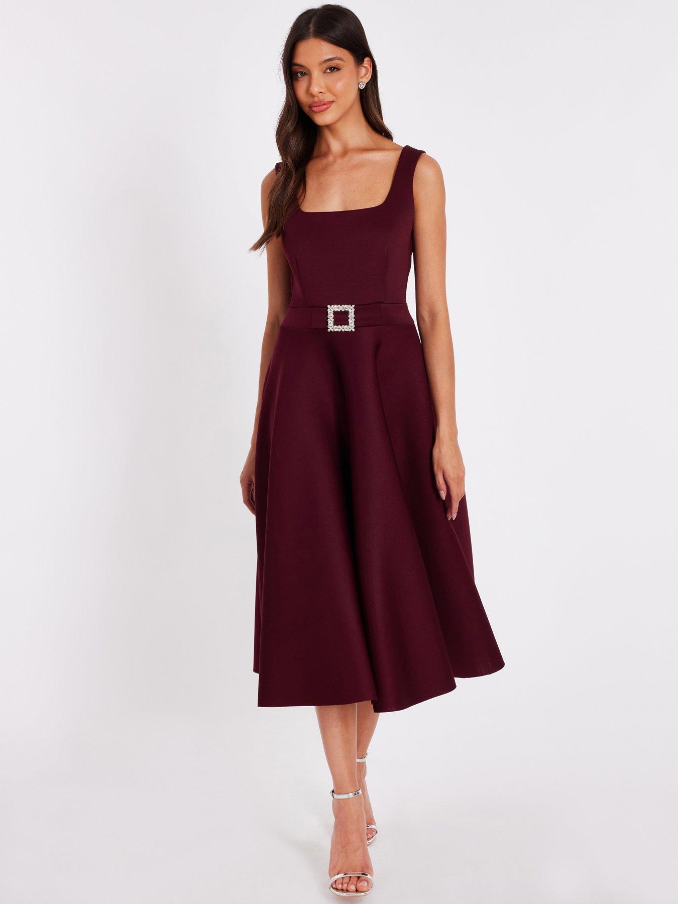 Quiz Burgundy Buckle Front Skater Dress