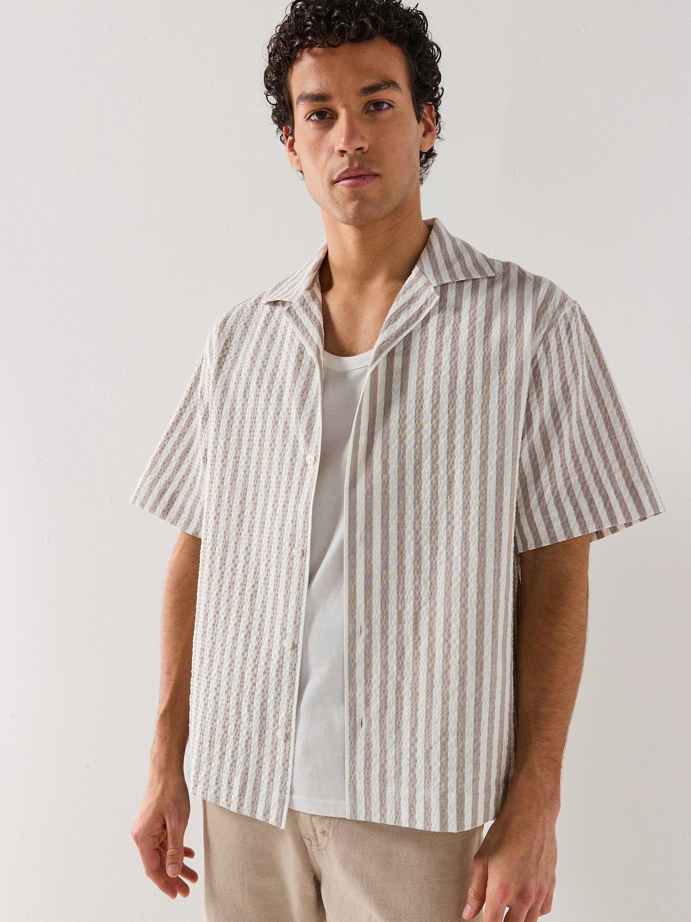 HUGO HUGO Espino Oversize Fit Seersucker Stripe Short Sleeve Shirt - Light Brown