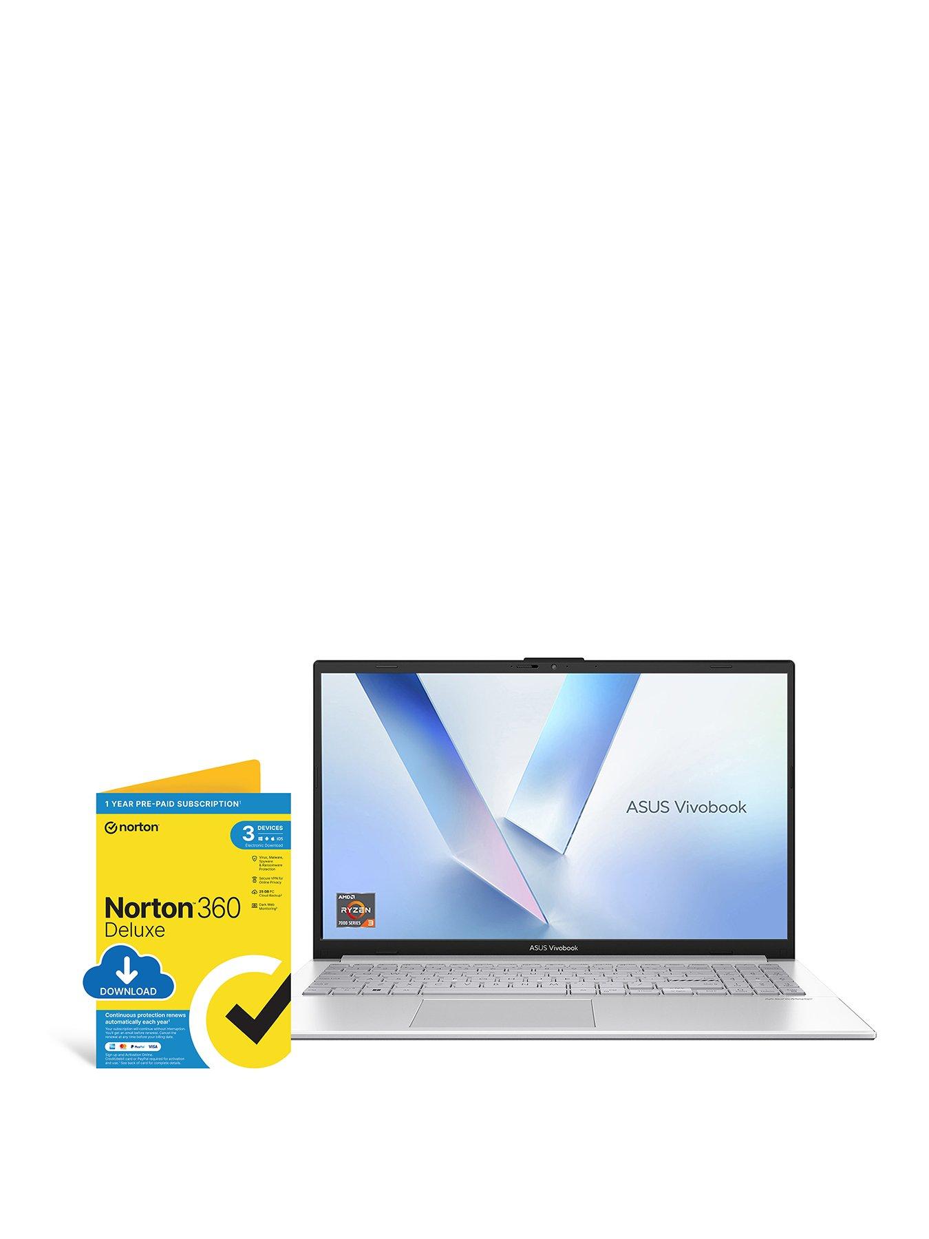 Asus Vivobook Go 15 Laptop - 15.6in FHD, AMD Ryzen 3, 8GB RAM, 128GB SSD, with Norton 360 Deluxe Antivirus - Silver