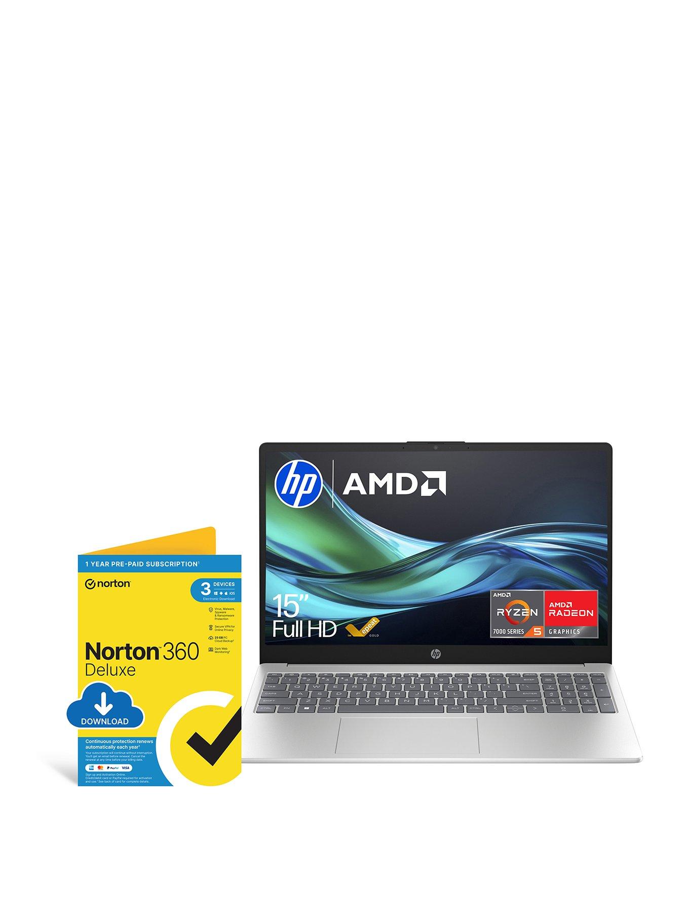 HP 15-fc0049na Laptop - 15.6 in FHD, AMD Ryzen 5, 16GB RAM, 512GB SSD, with Norton 360 Deluxe Antivirus - Silver