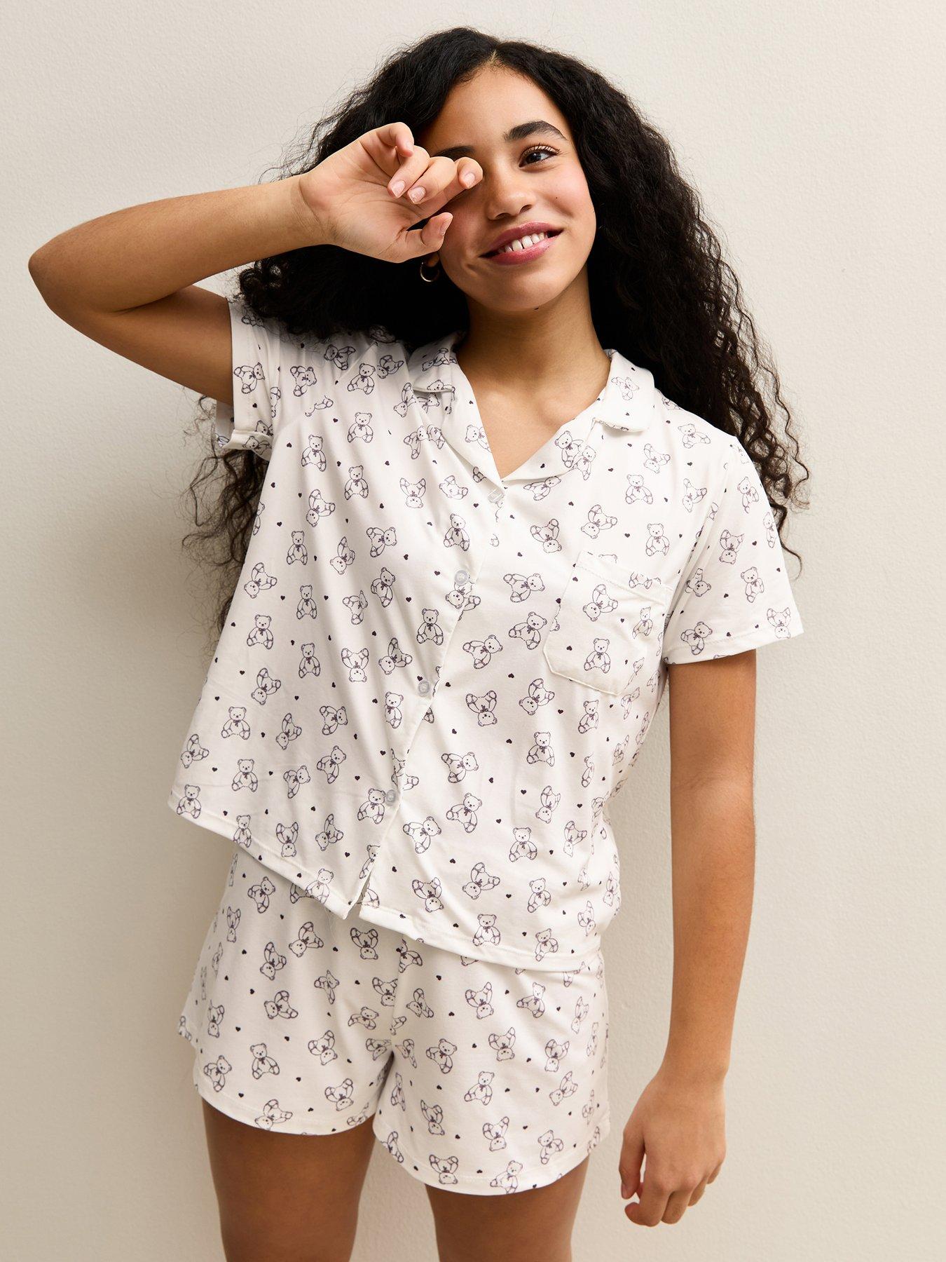 New Look 915 Girls Teddy Bear Print Shirt And Shorts Pyjama Set - Cream