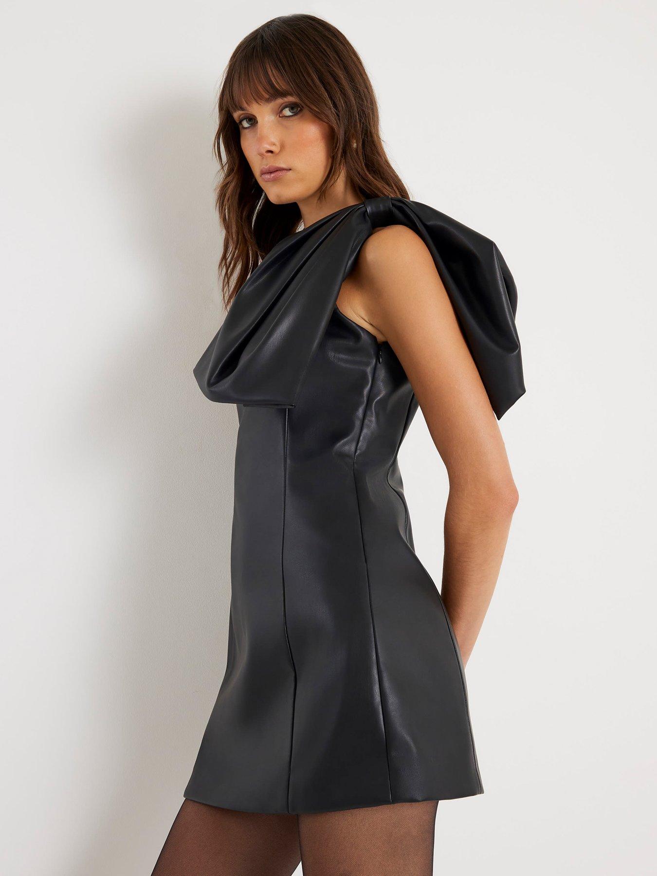 Image 4 of 4 of River Island Bow One Shoulder Mini Dress - Black