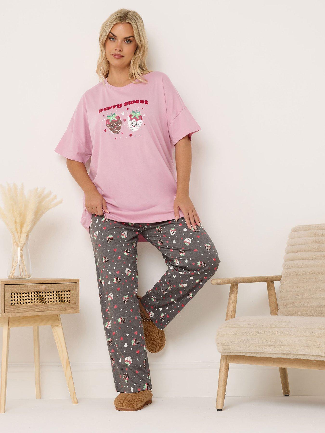 Image 1 of 5 of Yours Curve Berry Sweet Wide Leg Pyjama Set - Pink