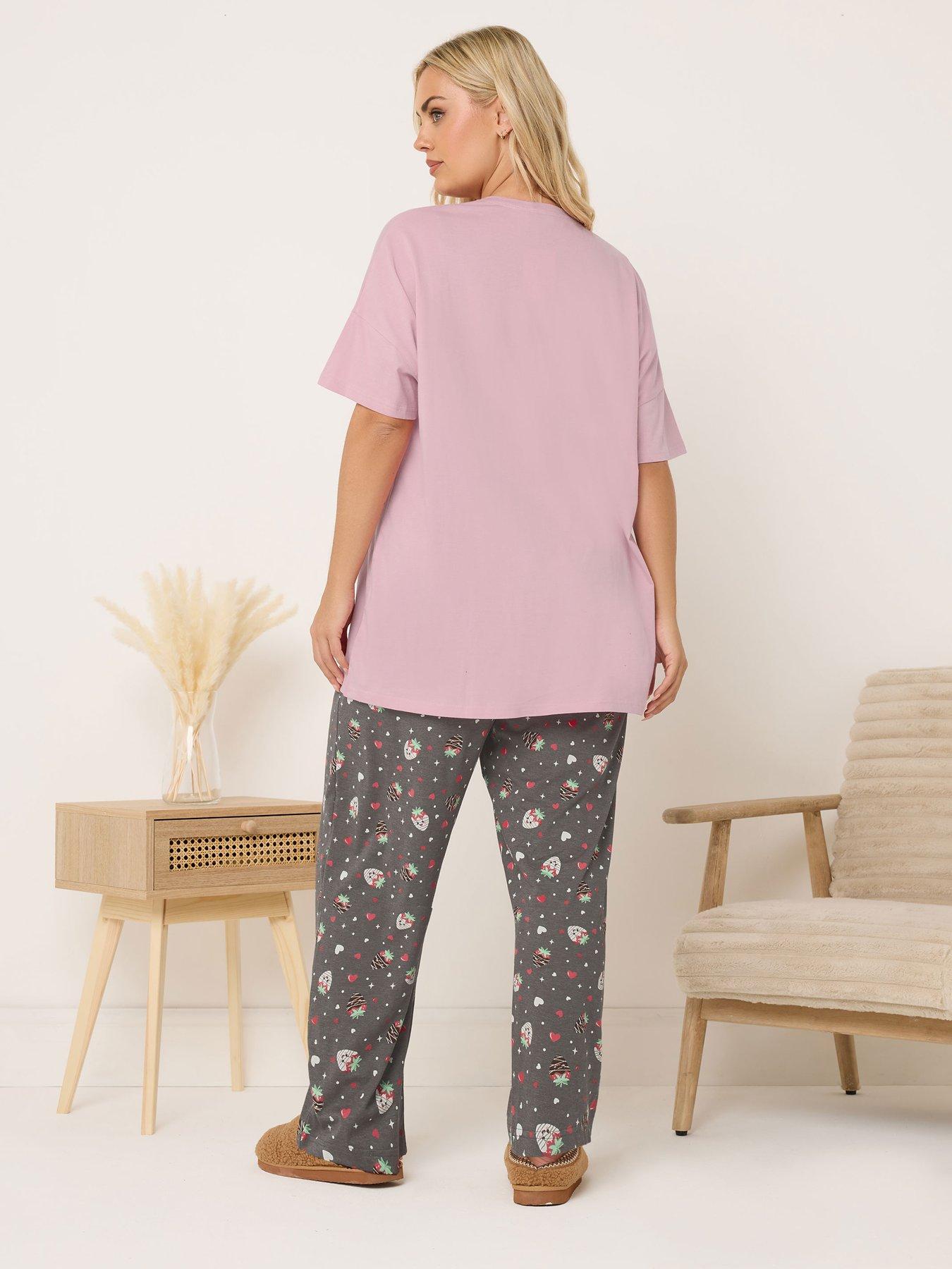 Image 2 of 5 of Yours Curve Berry Sweet Wide Leg Pyjama Set - Pink