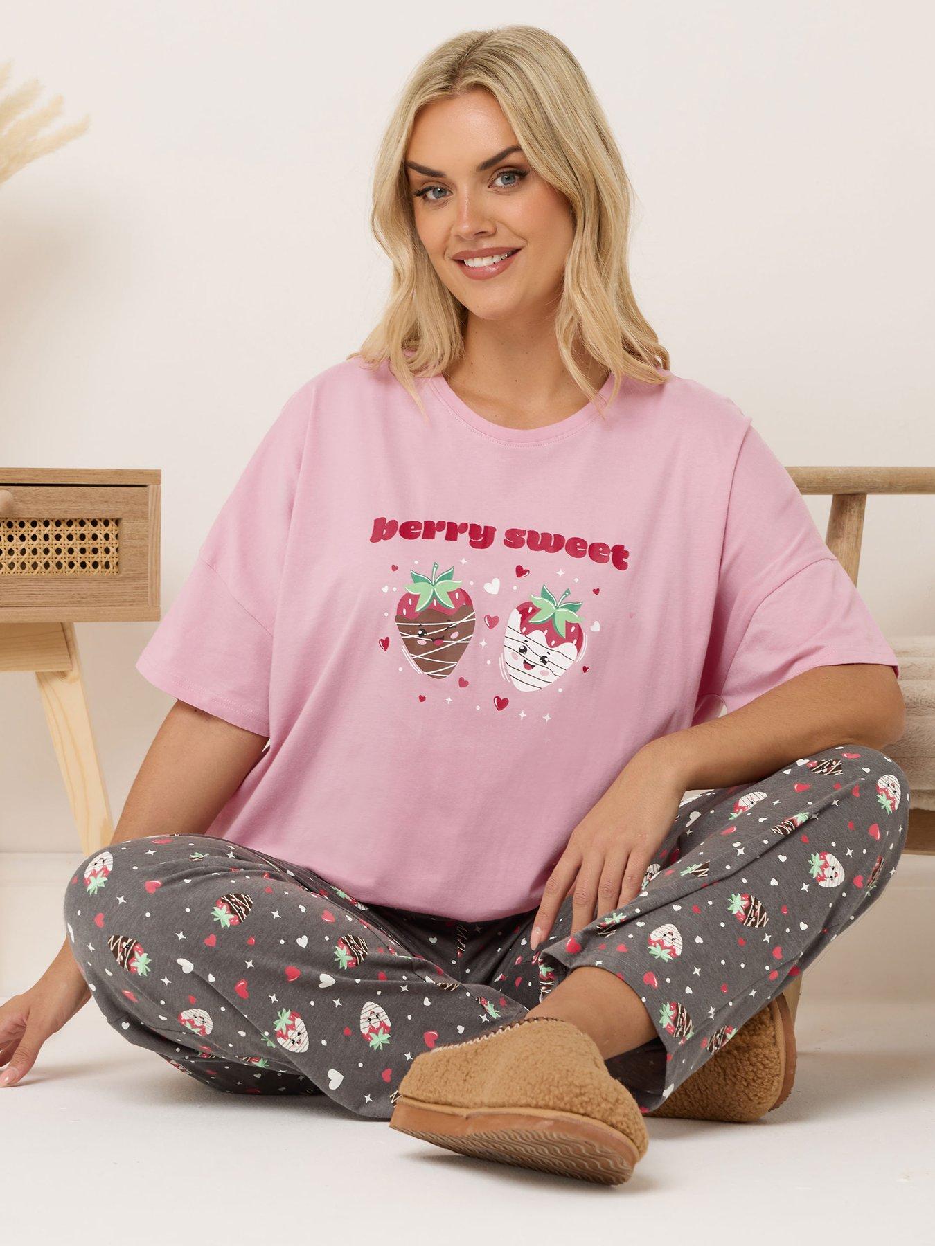 Image 3 of 5 of Yours Curve Berry Sweet Wide Leg Pyjama Set - Pink