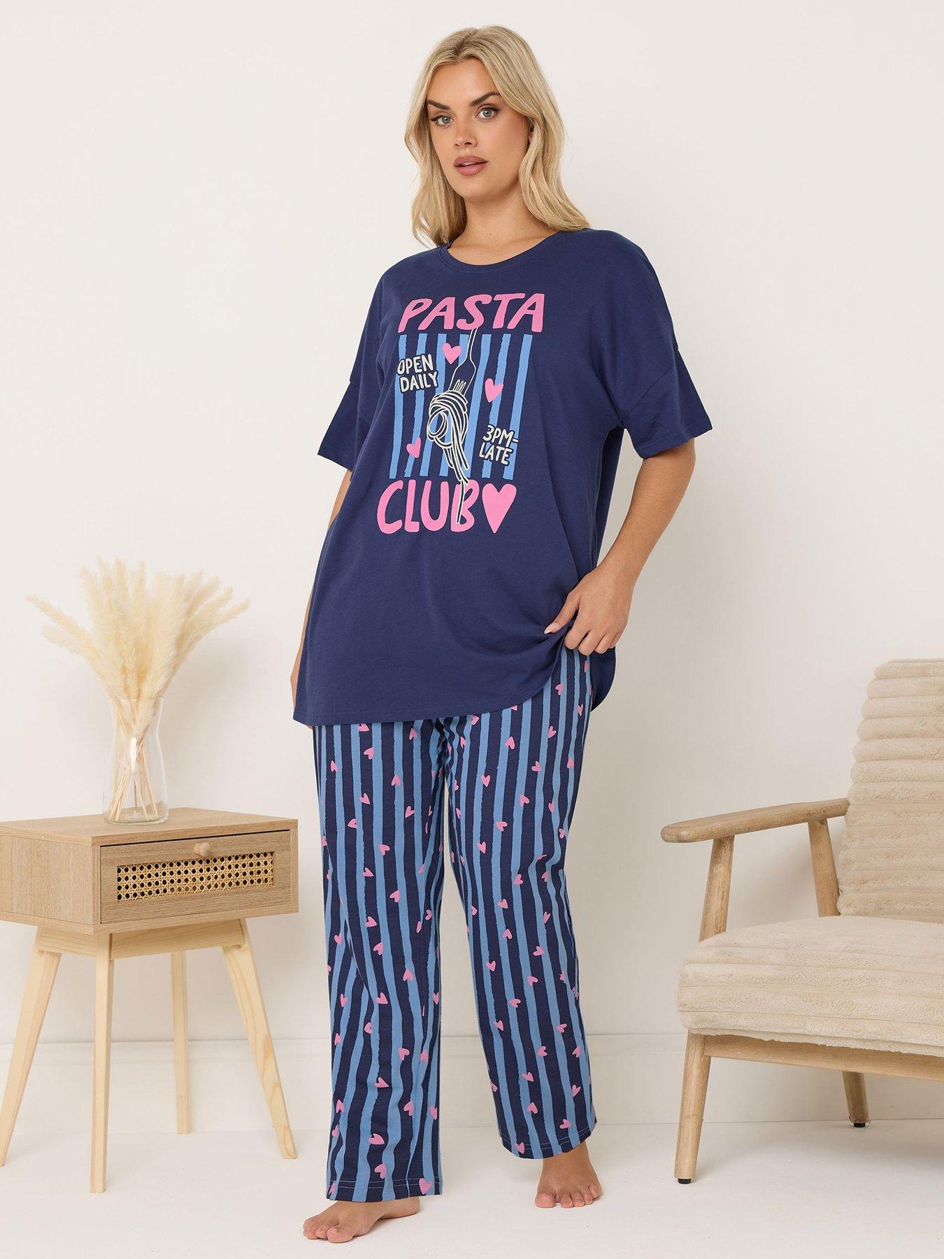 Image 1 of 4 of Yours Curve Pasta Club Wide Leg Pyjama Set - Blue
