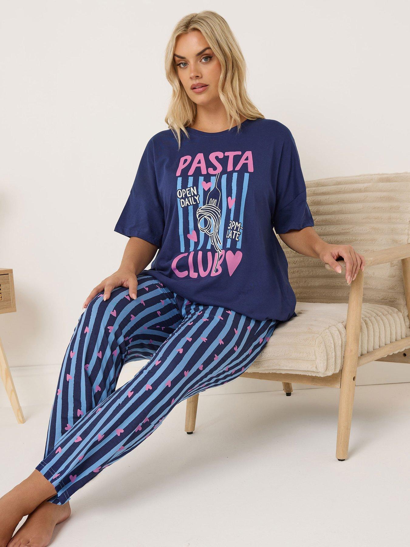 Image 3 of 4 of Yours Curve Pasta Club Wide Leg Pyjama Set - Blue