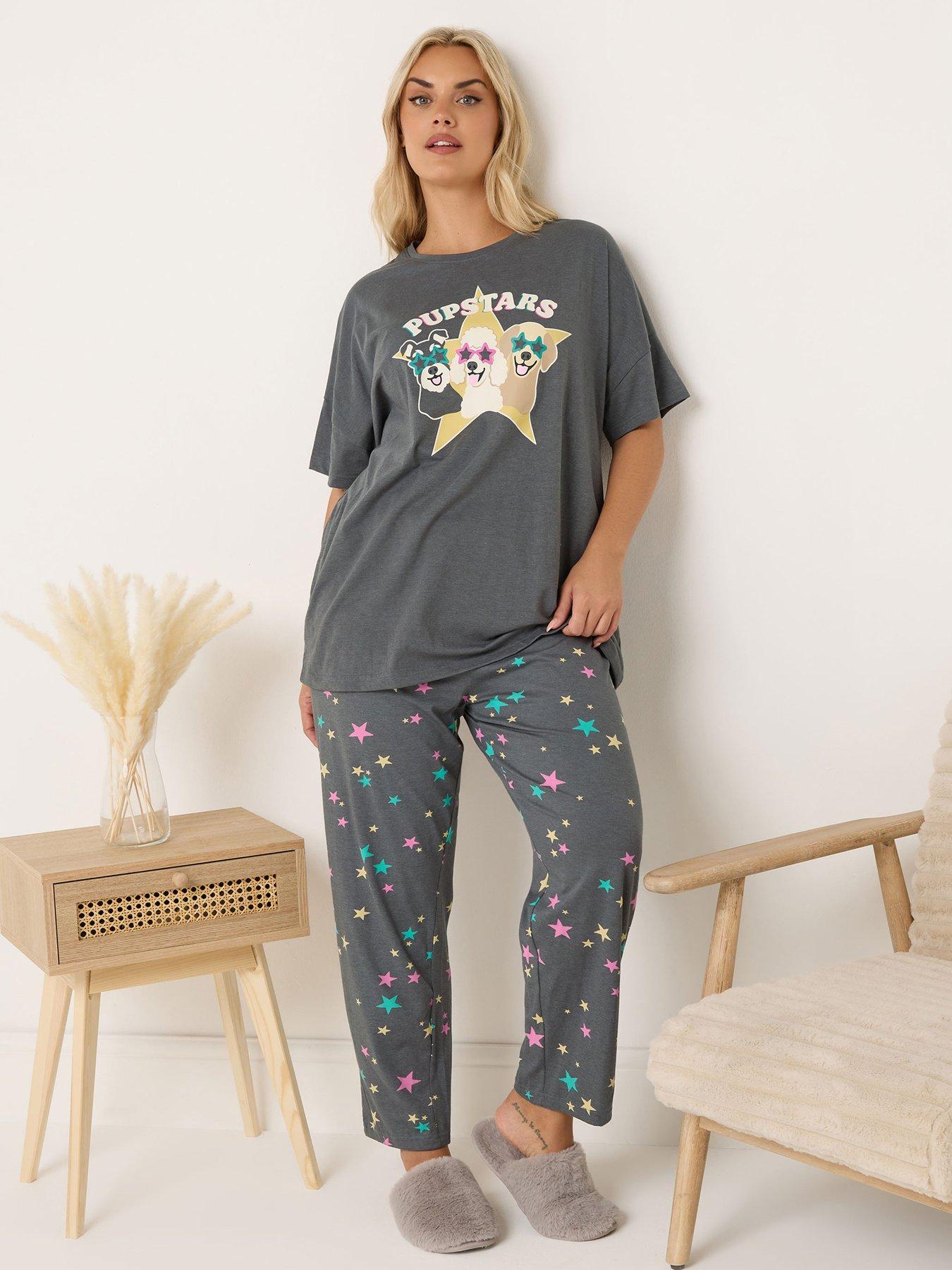 Image 1 of 4 of Yours Curve Pupstars Wide Leg Pyjama Set - Grey