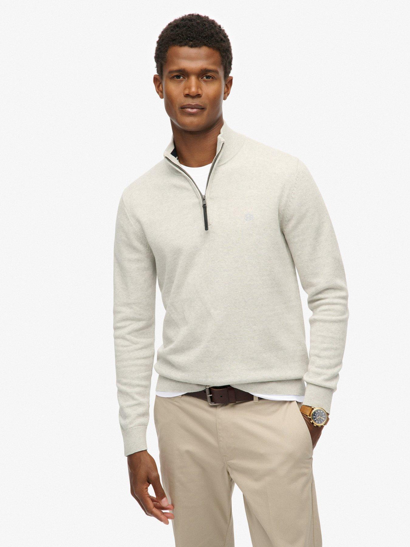 front image of superdry-essentials-cotton-knitted-quarter-zip-jumper-cream
