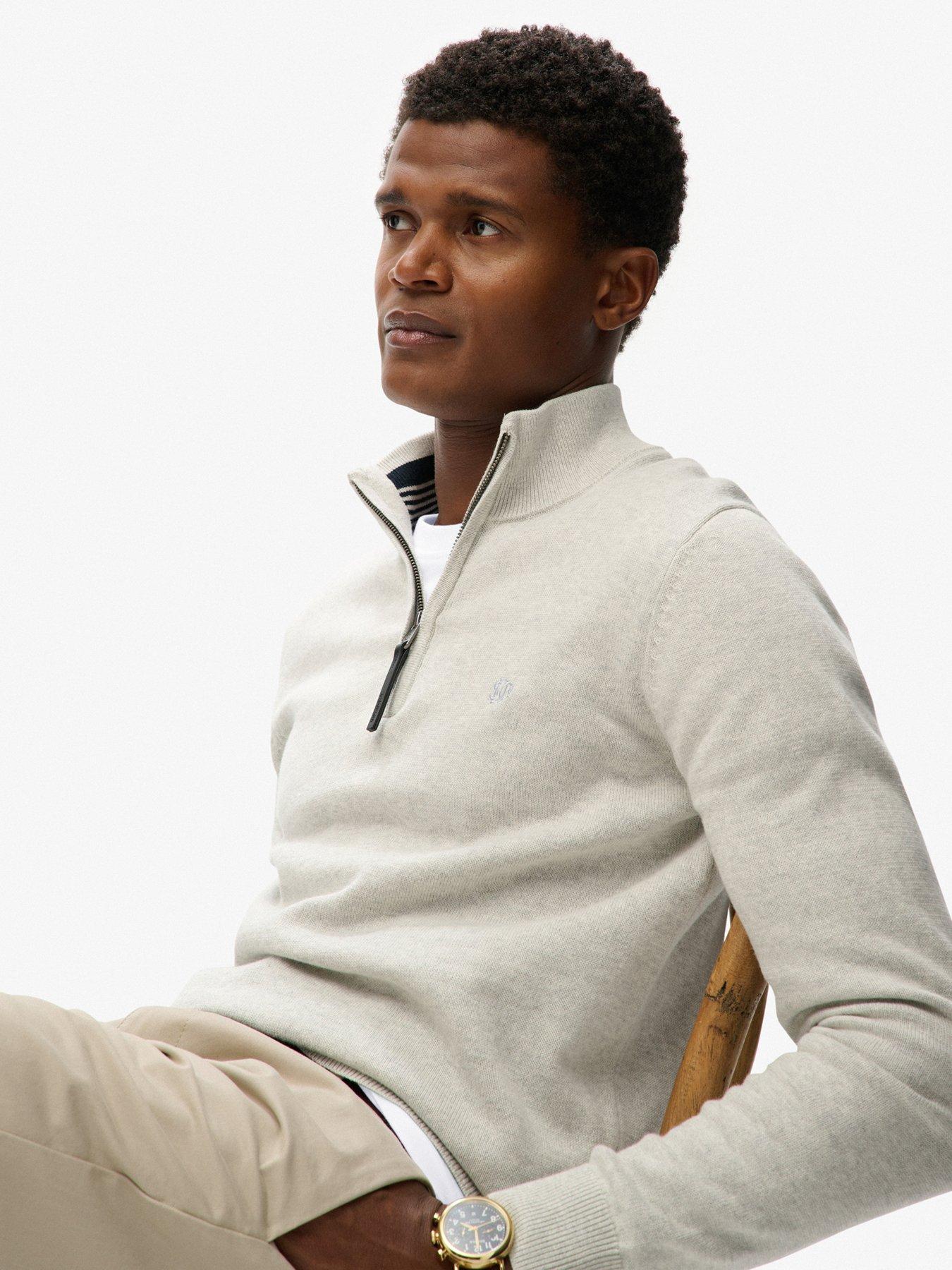  image of superdry-essentials-cotton-knitted-quarter-zip-jumper-cream