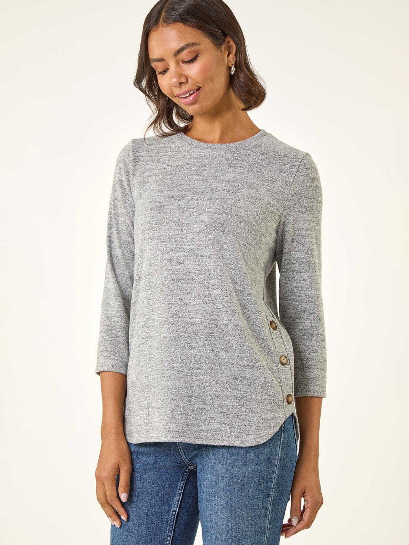 front image of roman-curved-hem-stretch-top-grey