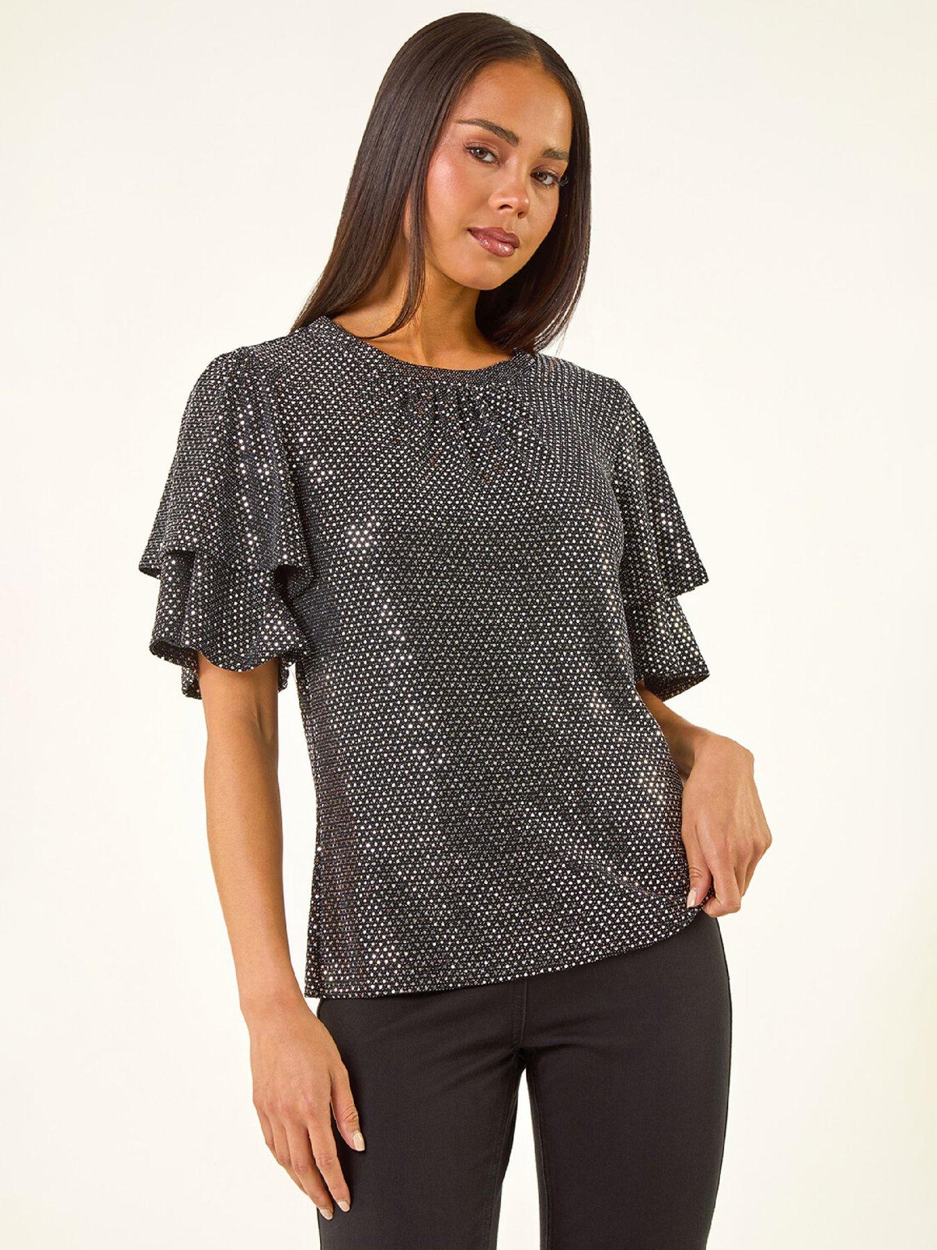  image of roman-petite-sequin-flute-sleeve-top-grey