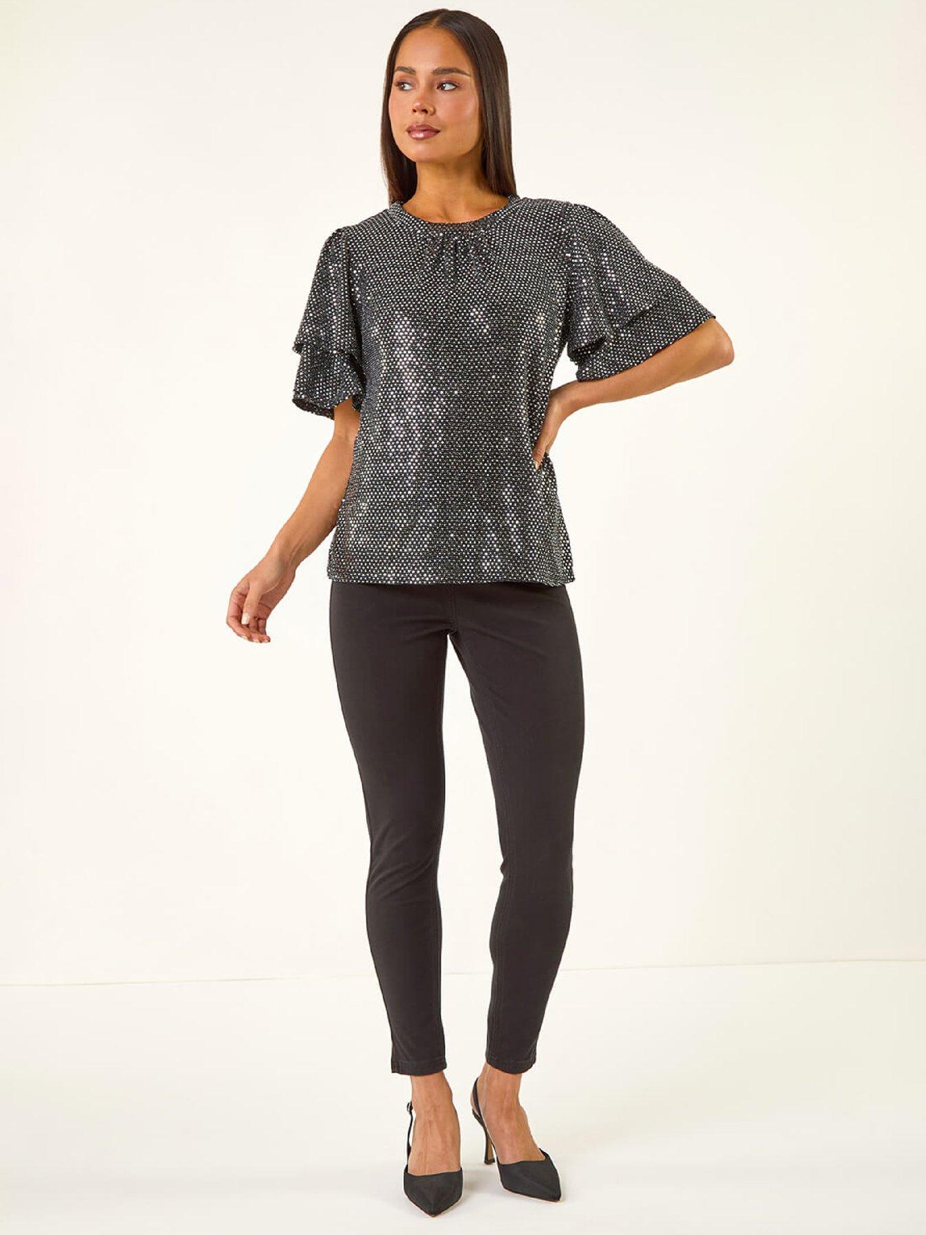  image of roman-petite-sequin-flute-sleeve-top-grey