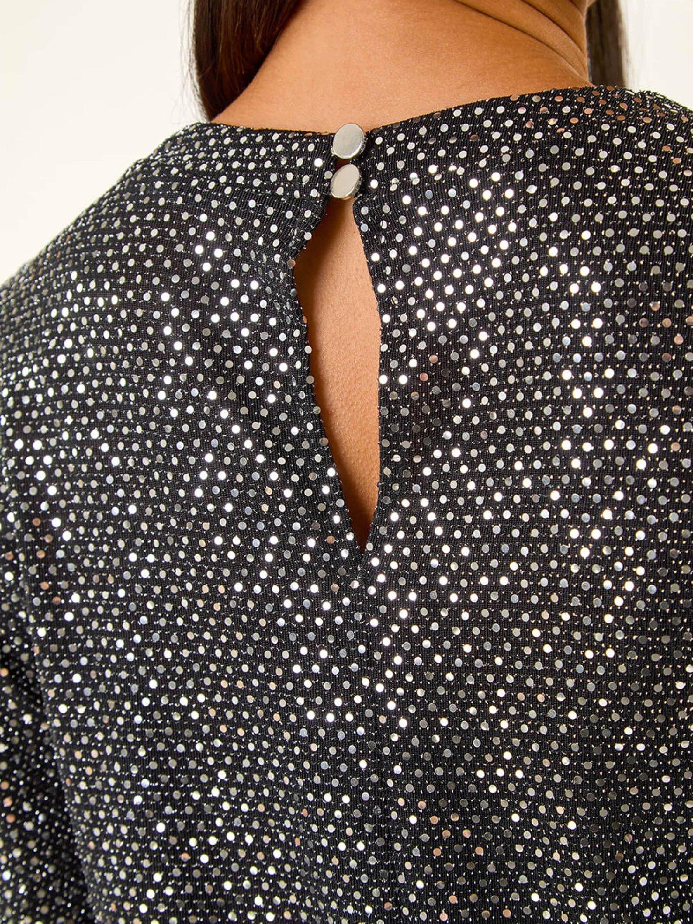  image of roman-petite-sequin-flute-sleeve-top-grey